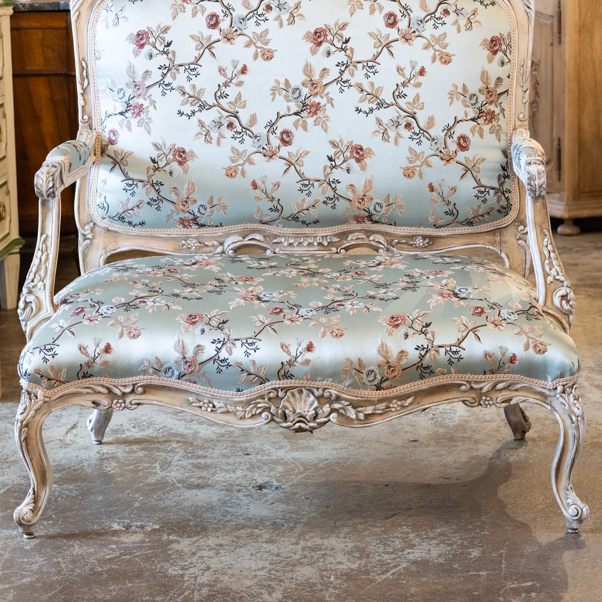 Louis XV Painted Settee – Floral Scalamandré Upholstery & Carved Trim - Image 4