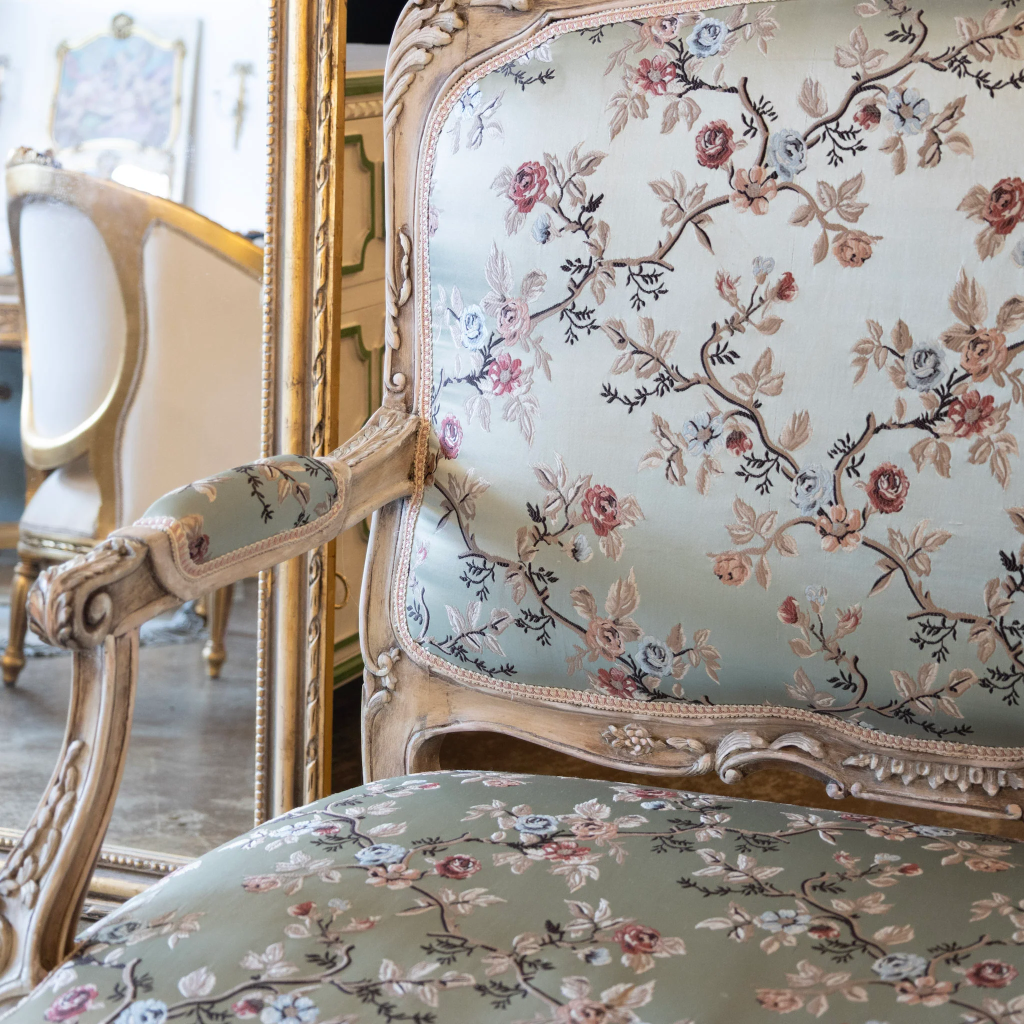 Louis XV Painted Settee – Floral Scalamandré Upholstery & Carved Trim - Image 6