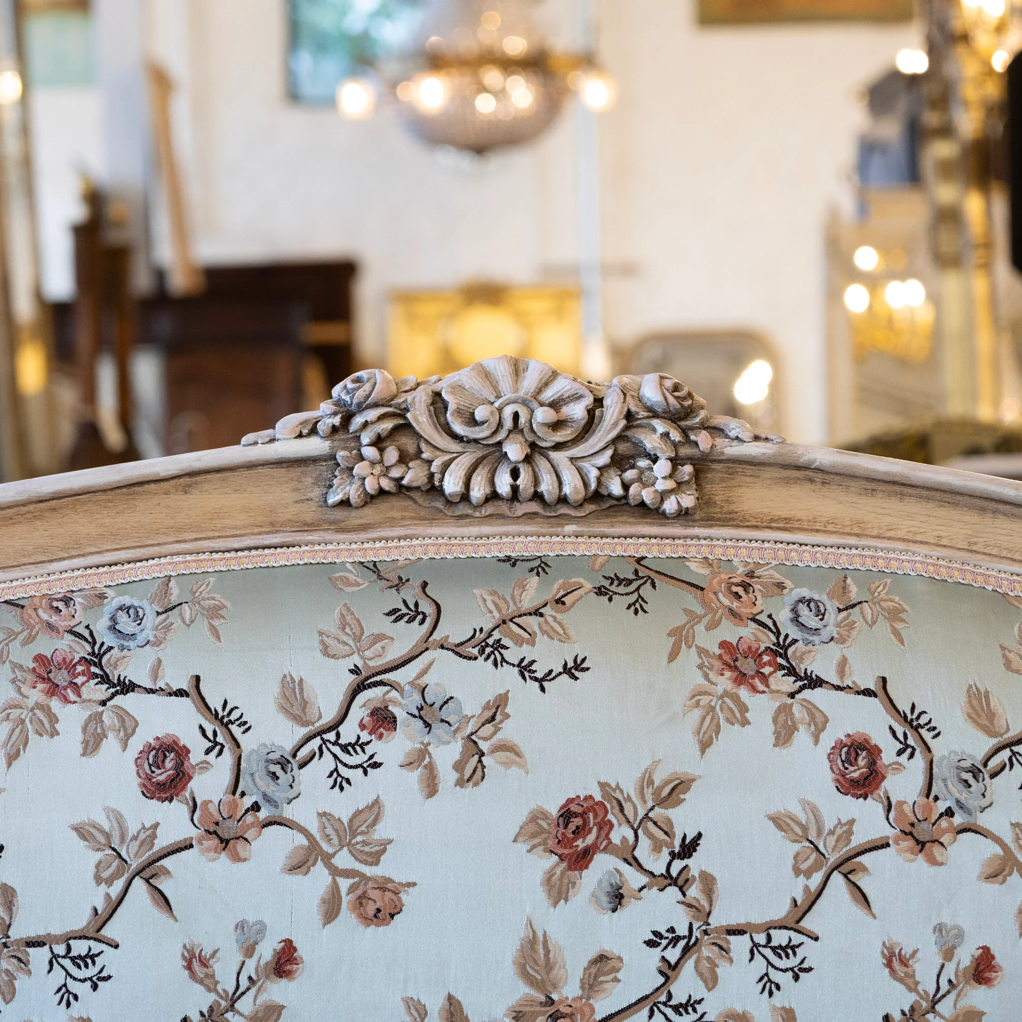 Louis XV Painted Settee – Floral Scalamandré Upholstery & Carved Trim - Image 7