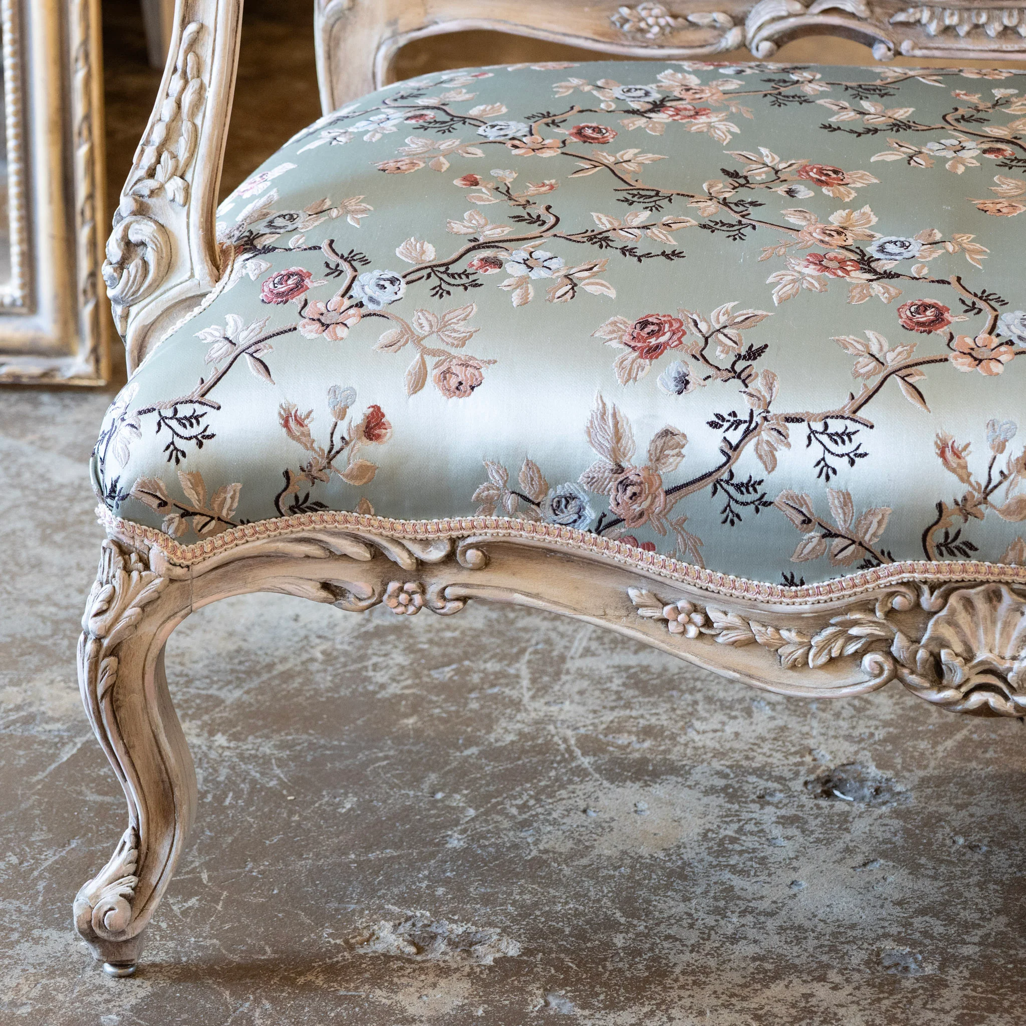 Louis XV Painted Settee – Floral Scalamandré Upholstery & Carved Trim - Image 9