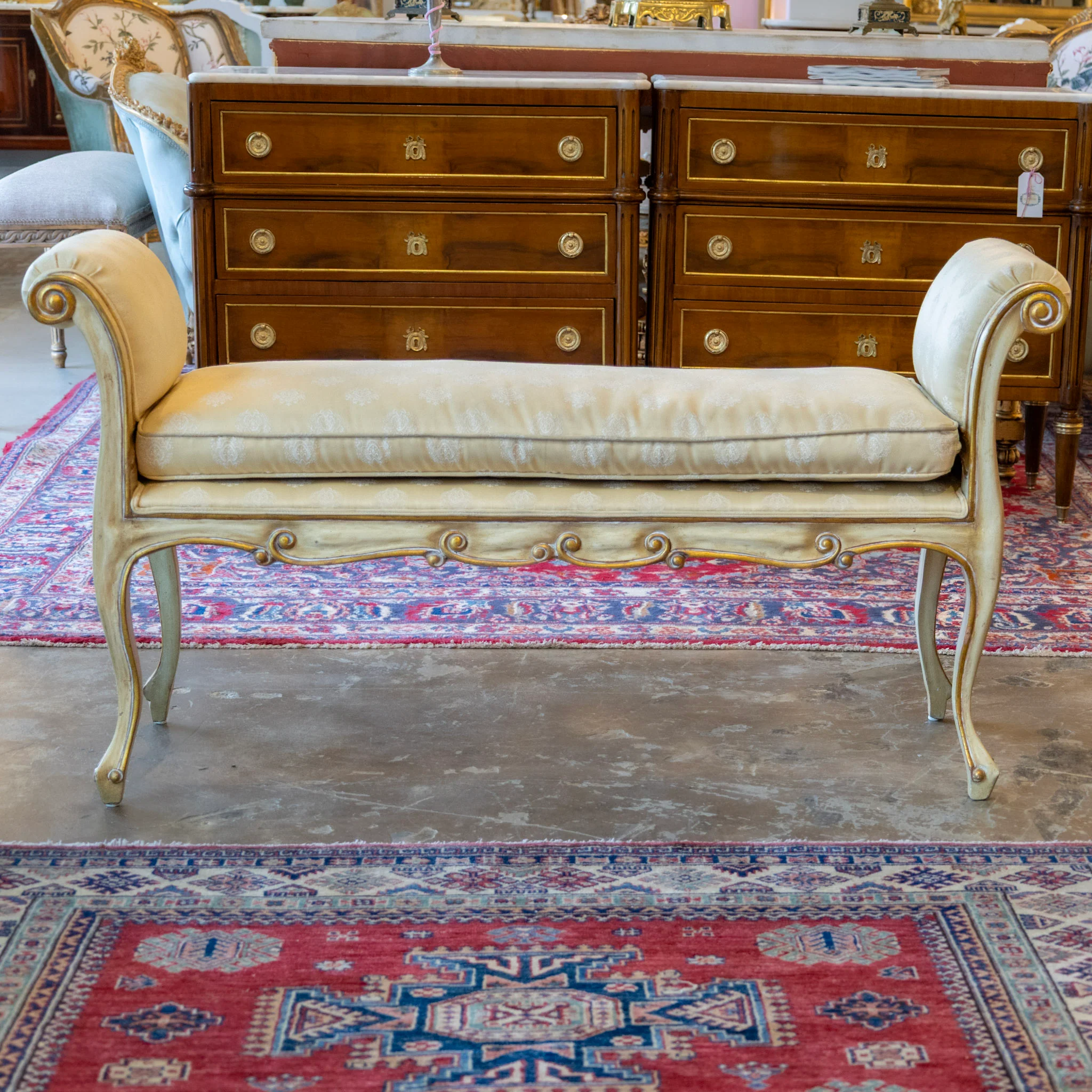 Louis XV Scroll Bench – Original Yellow Damask Upholstery - Image 2