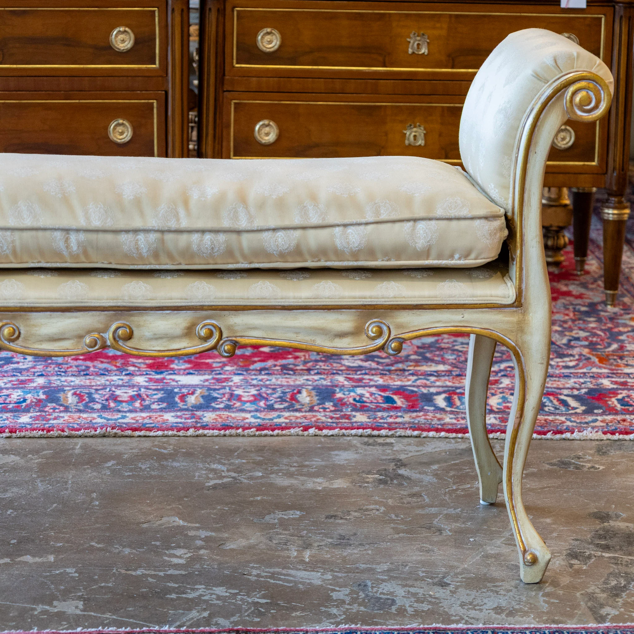 Louis XV Scroll Bench – Original Yellow Damask Upholstery - Image 3