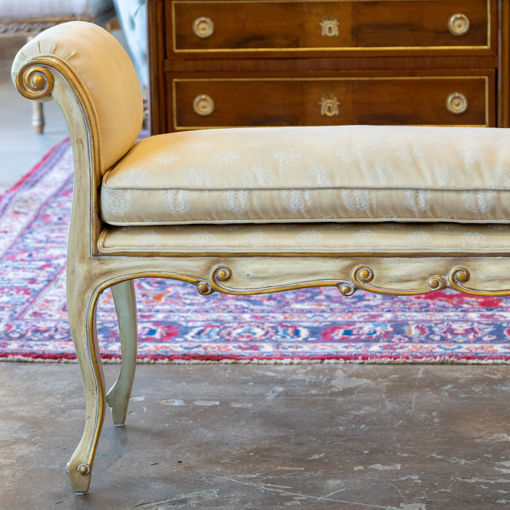 Louis XV Scroll Bench – Original Yellow Damask Upholstery - Image 4