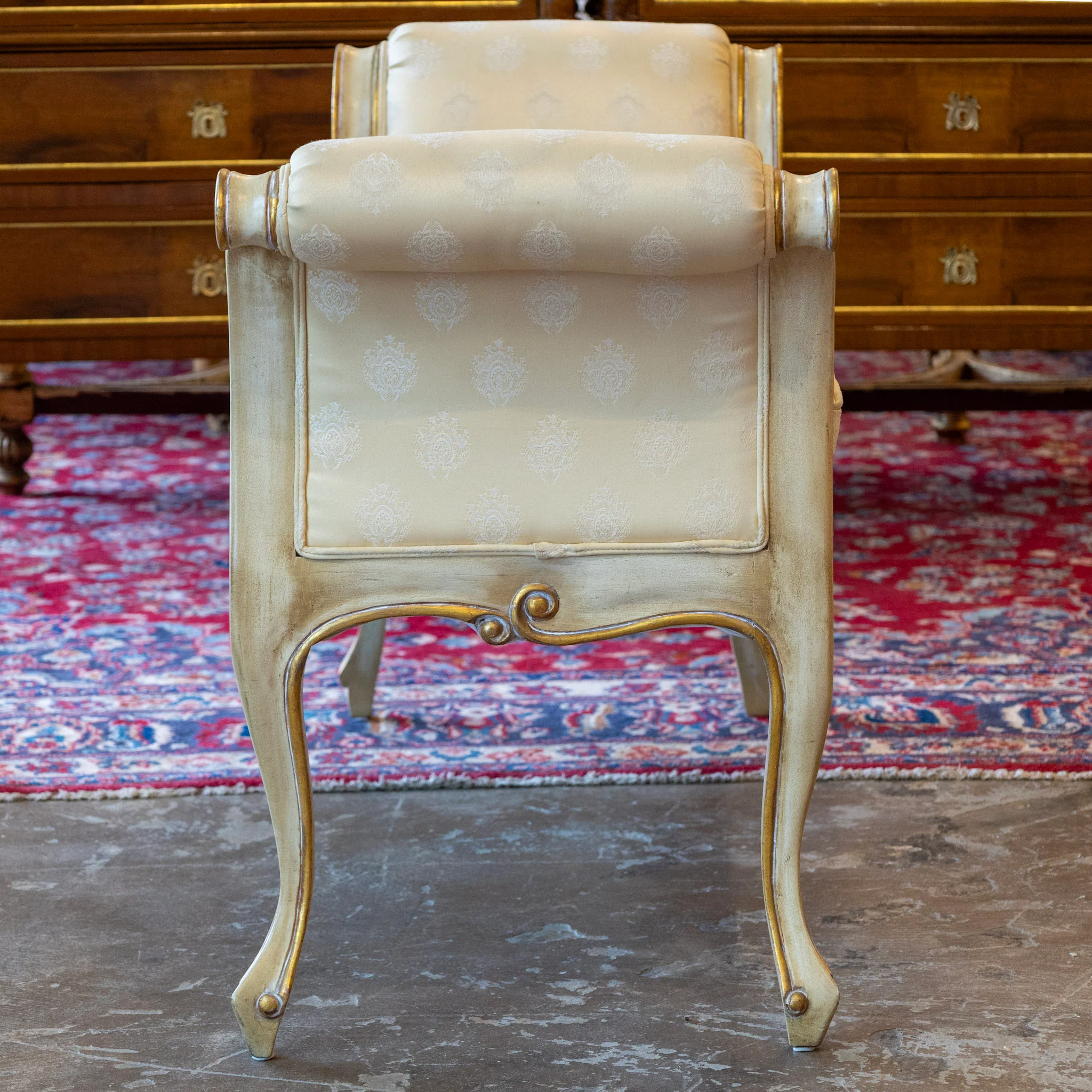 Louis XV Scroll Bench – Original Yellow Damask Upholstery - Image 5