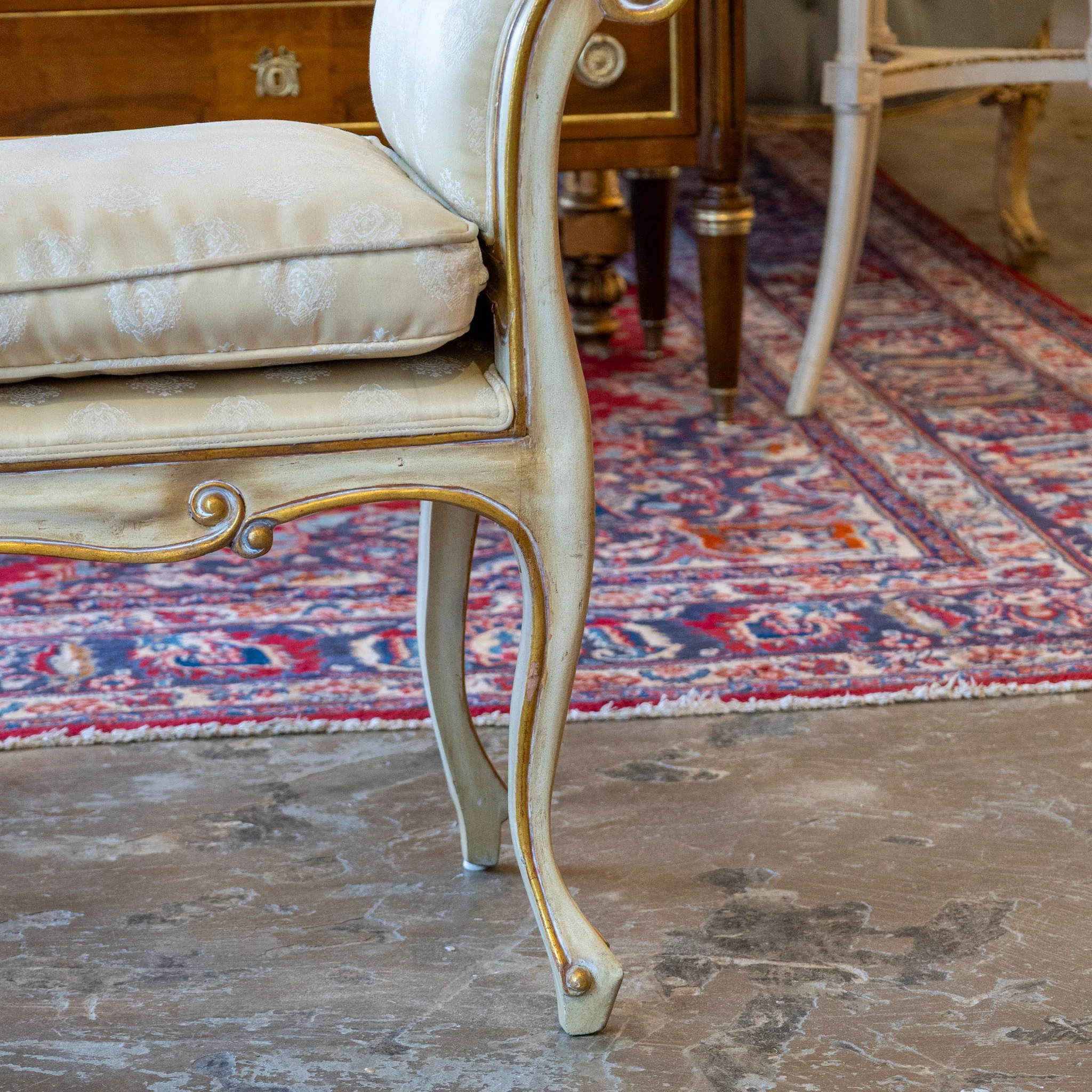 Louis XV Scroll Bench – Original Yellow Damask Upholstery - Image 6