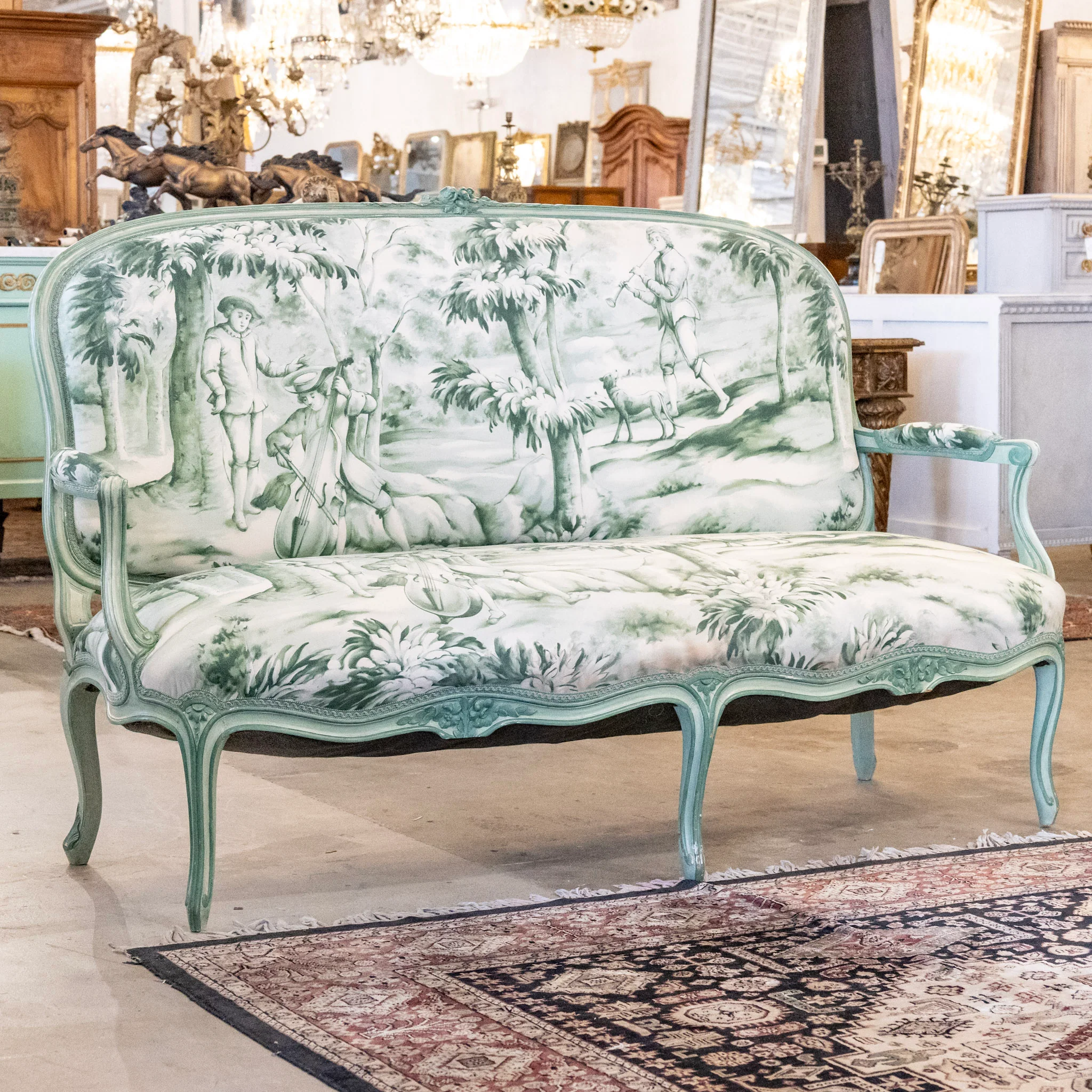 Louis XV Settee with Green & White Patterned Upholstery
