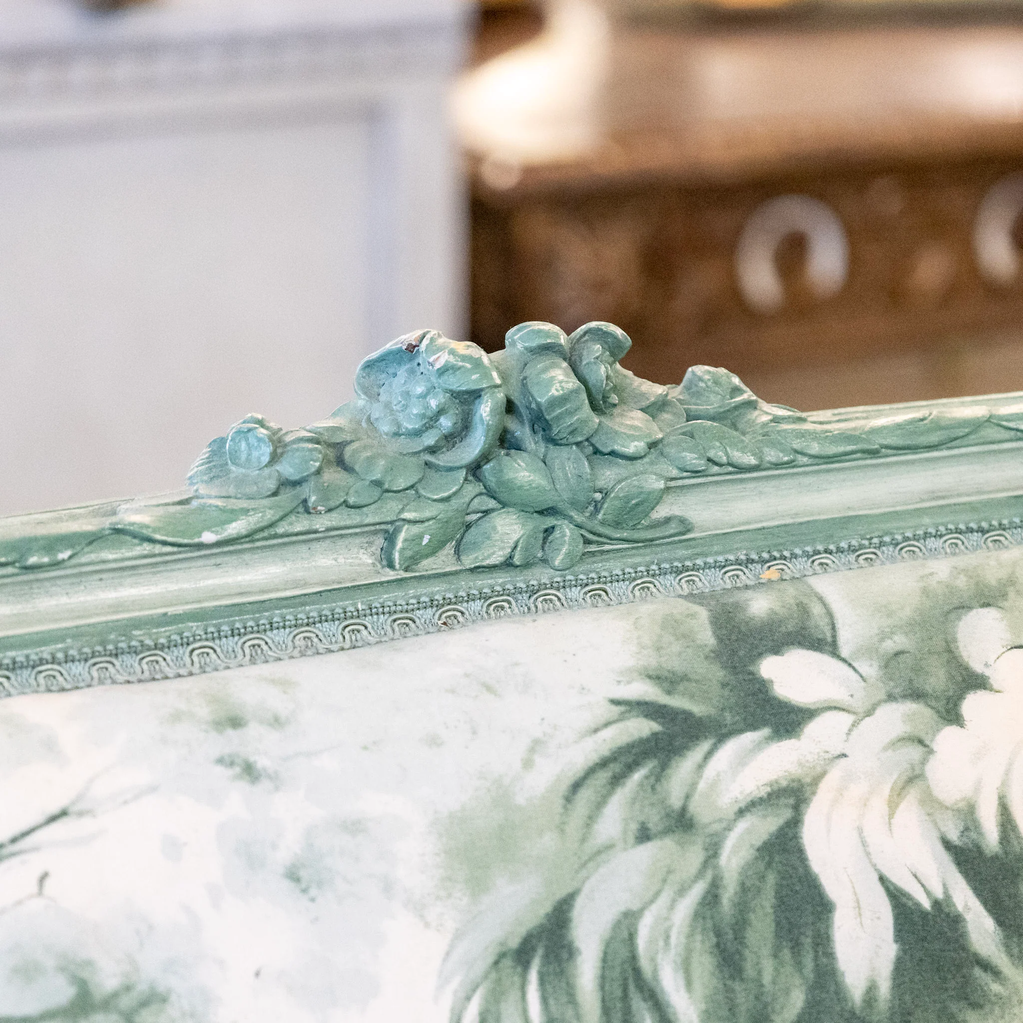 Louis XV Settee with Green & White Patterned Upholstery - Image 11