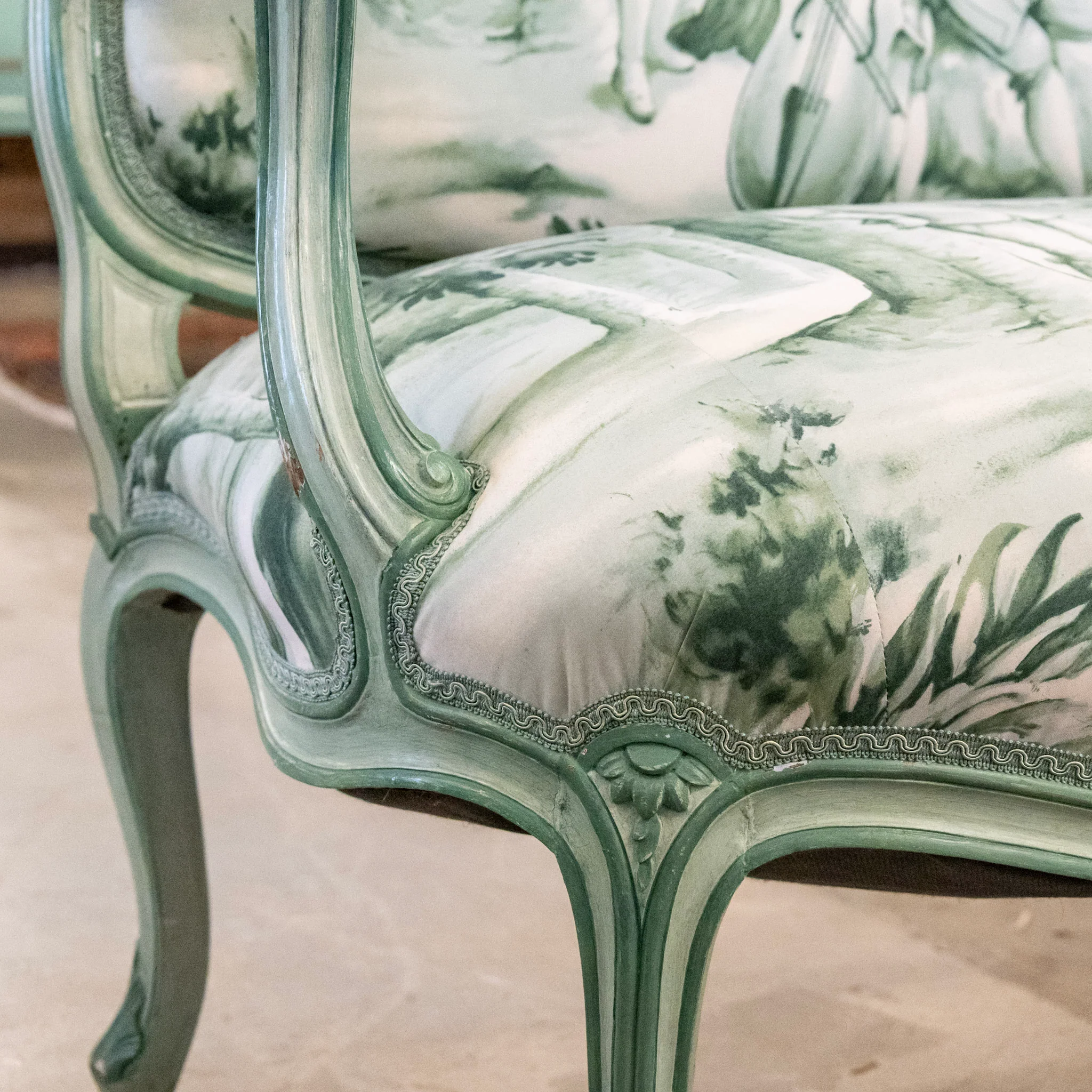 Louis XV Settee with Green & White Patterned Upholstery - Image 13