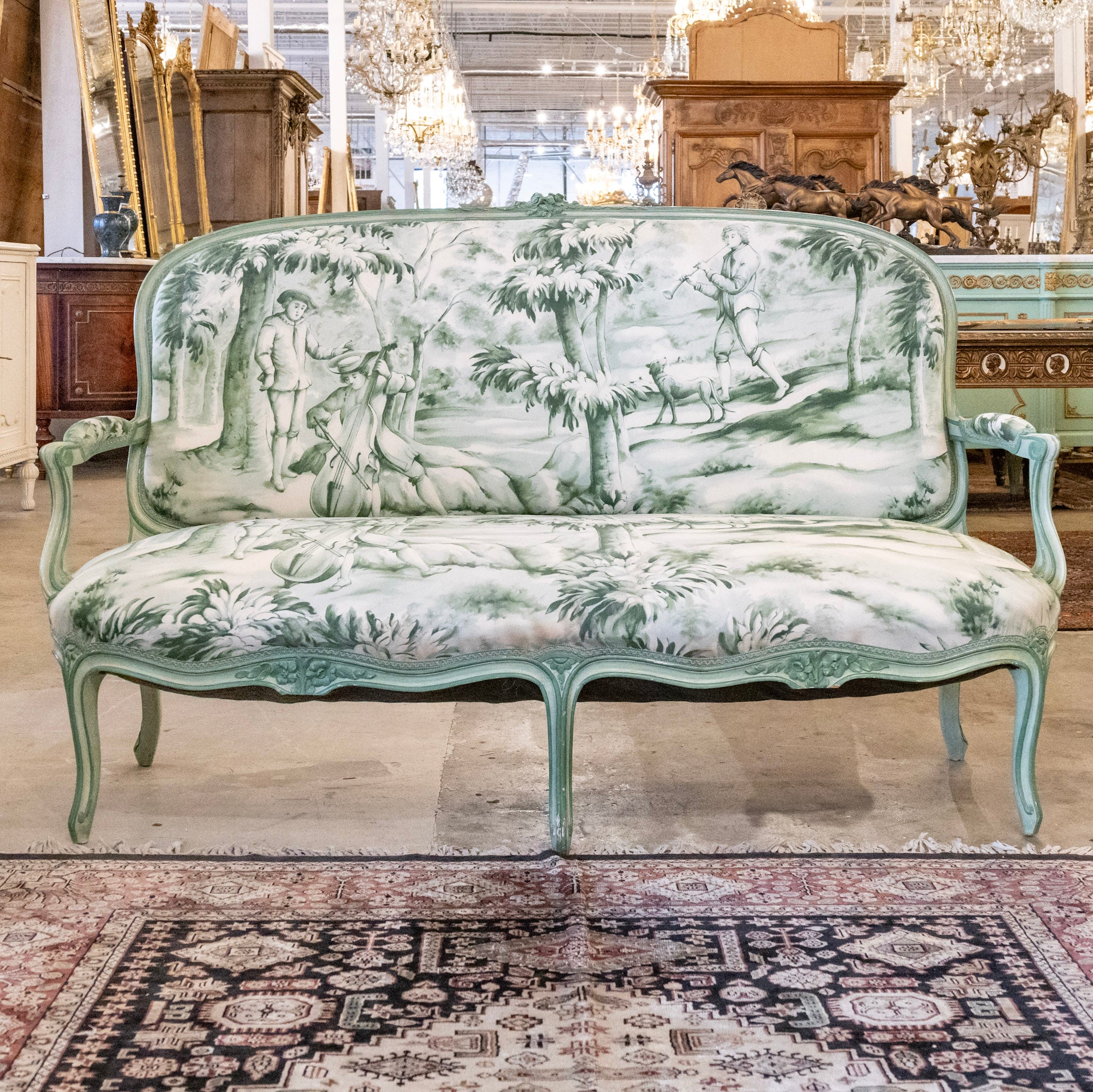 Louis XV Settee with Green & White Patterned Upholstery - Image 2