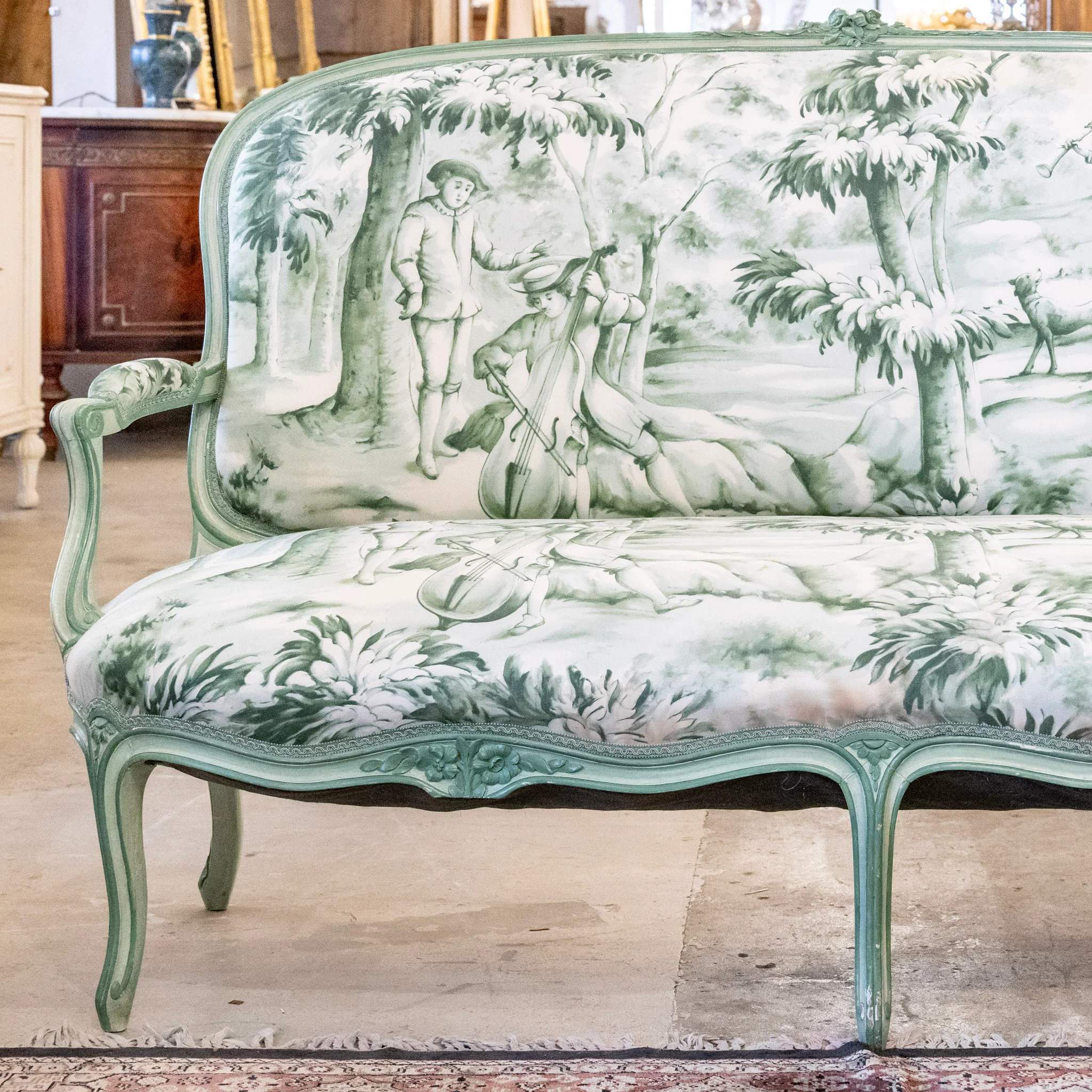 Louis XV Settee with Green & White Patterned Upholstery - Image 3