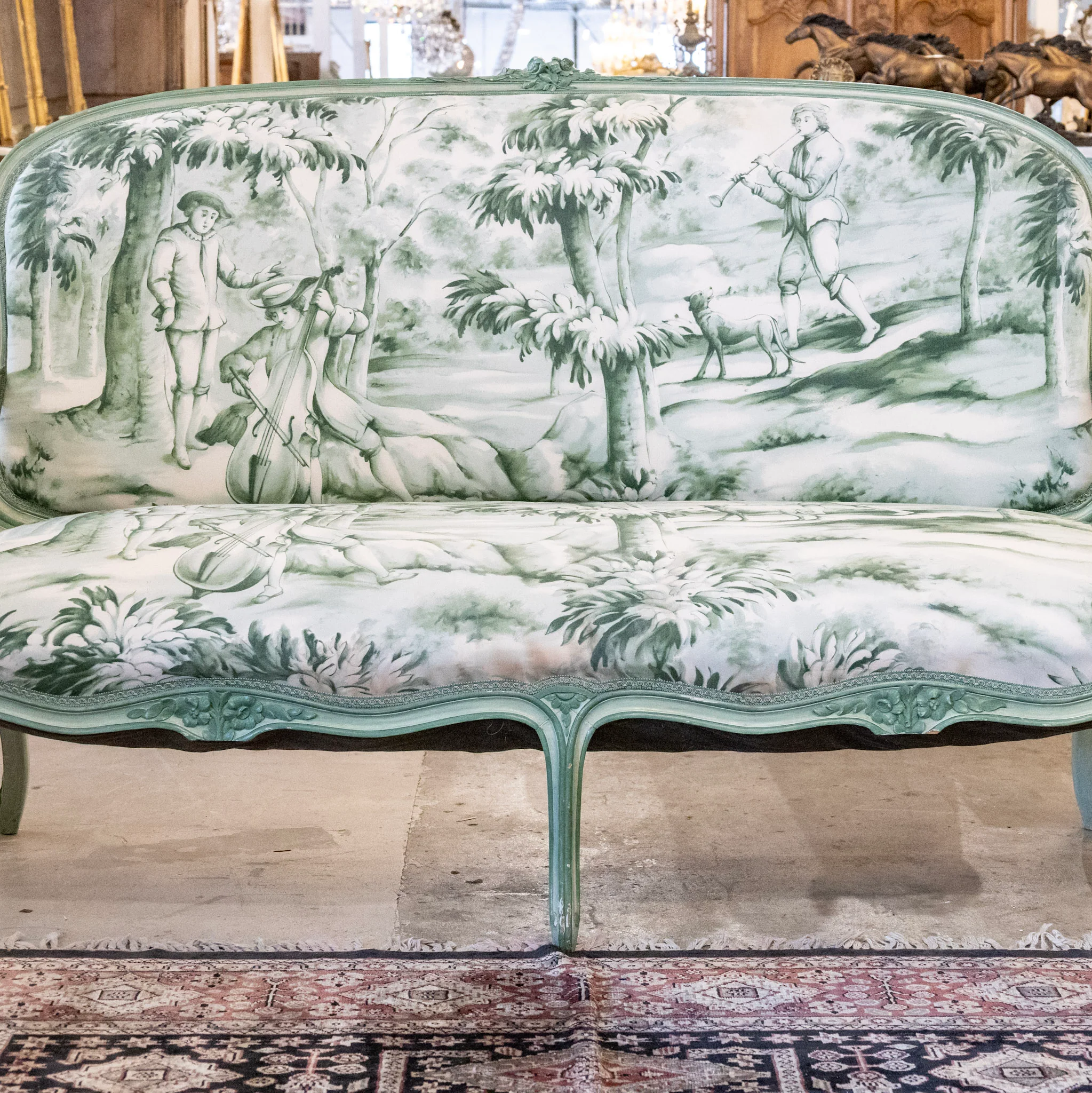 Louis XV Settee with Green & White Patterned Upholstery - Image 4