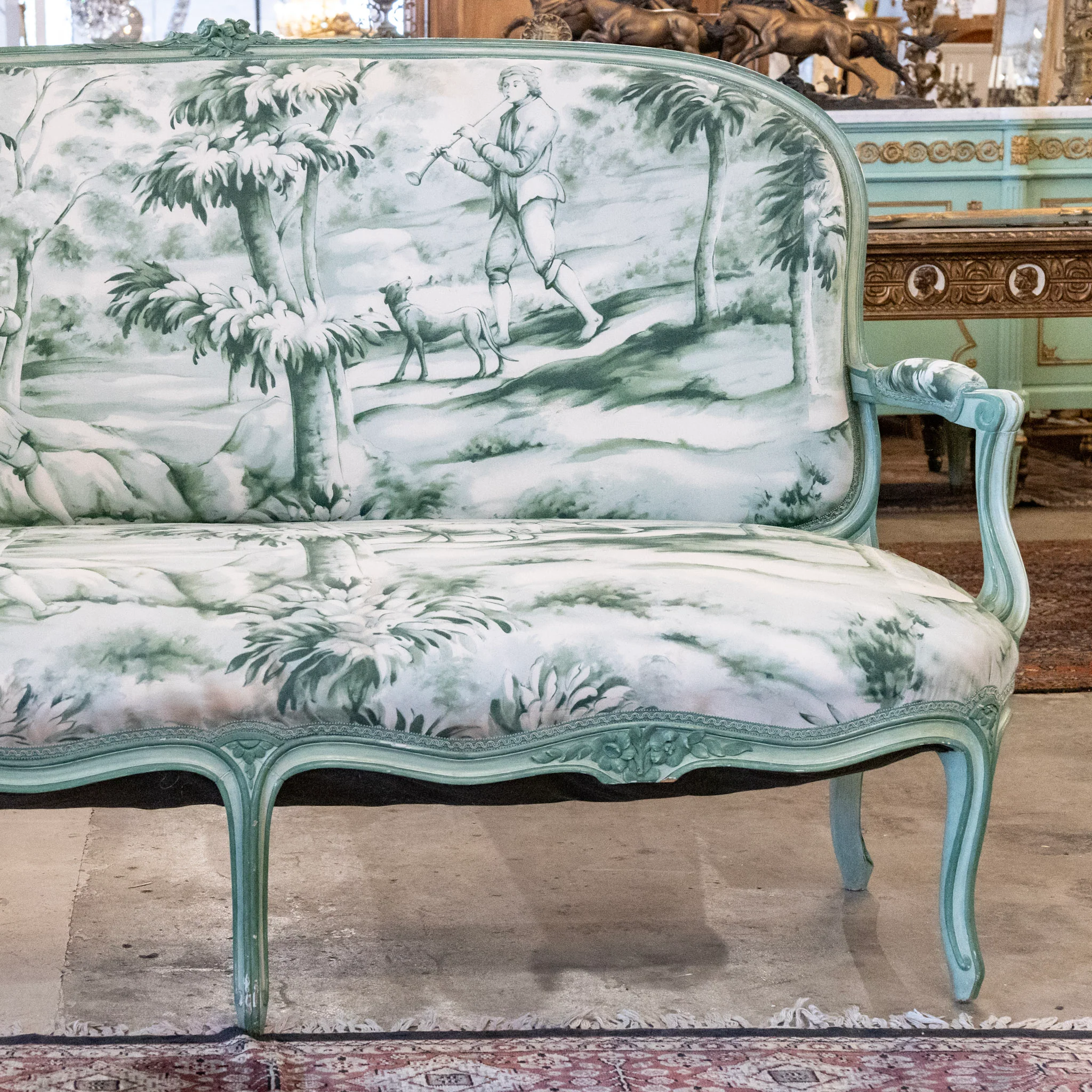 Louis XV Settee with Green & White Patterned Upholstery - Image 5