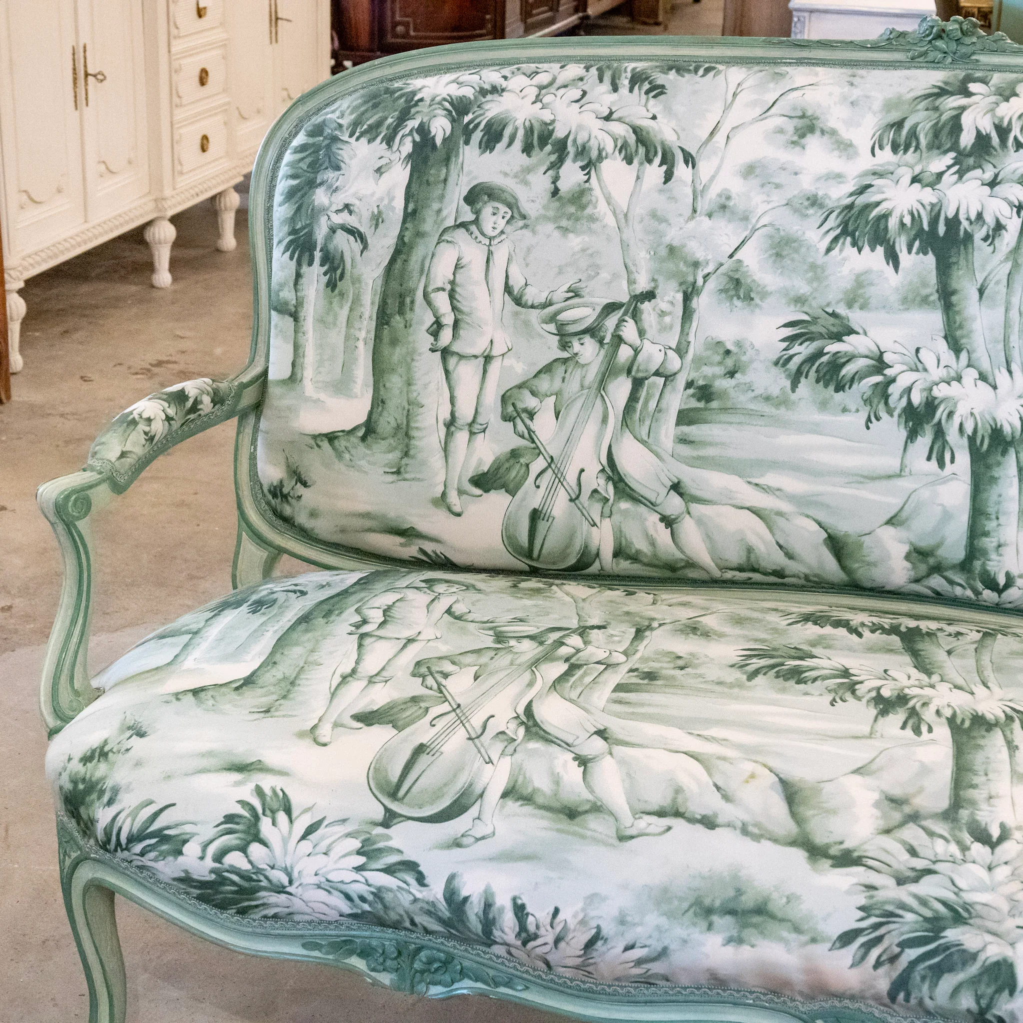 Louis XV Settee with Green & White Patterned Upholstery - Image 8