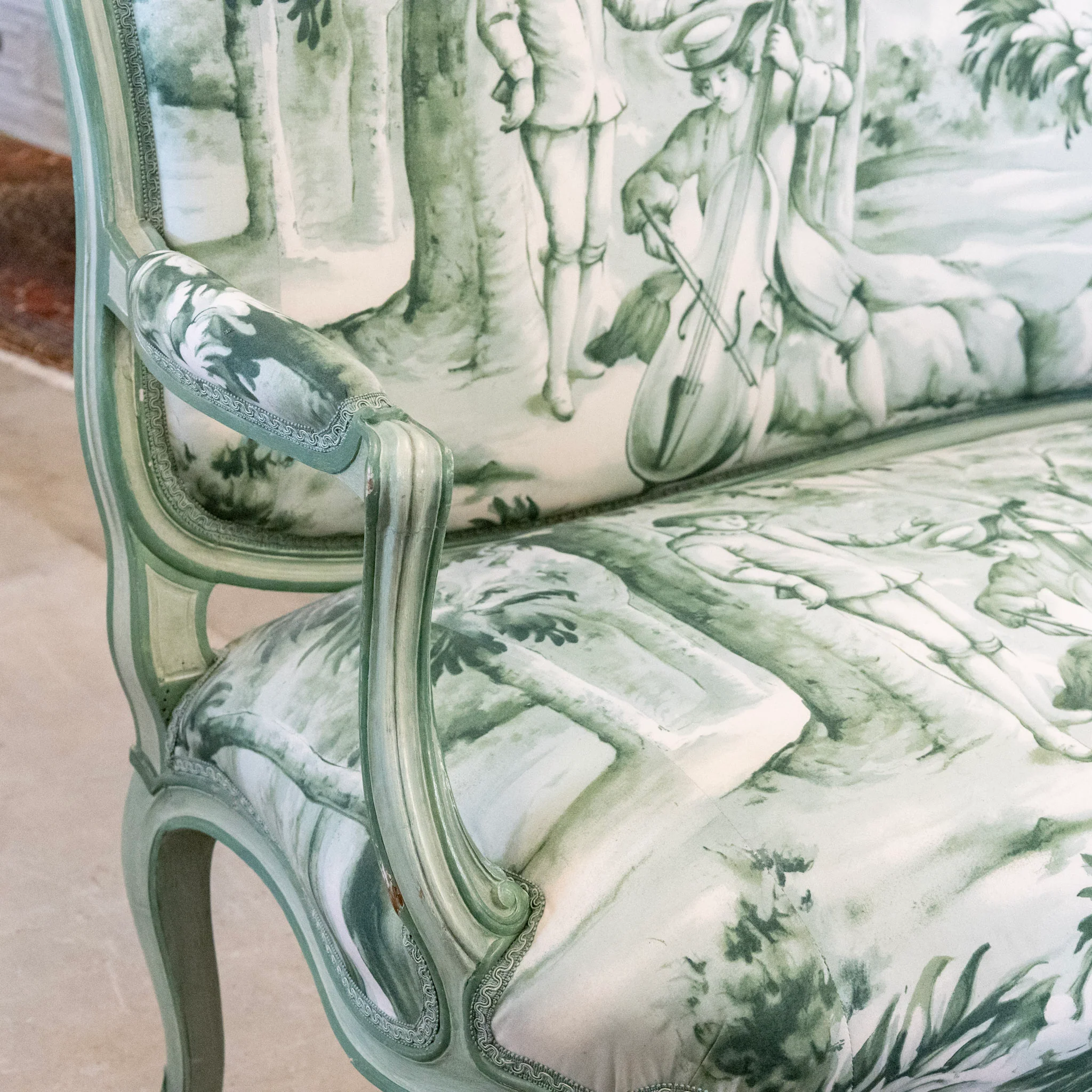 Louis XV Settee with Green & White Patterned Upholstery - Image 9