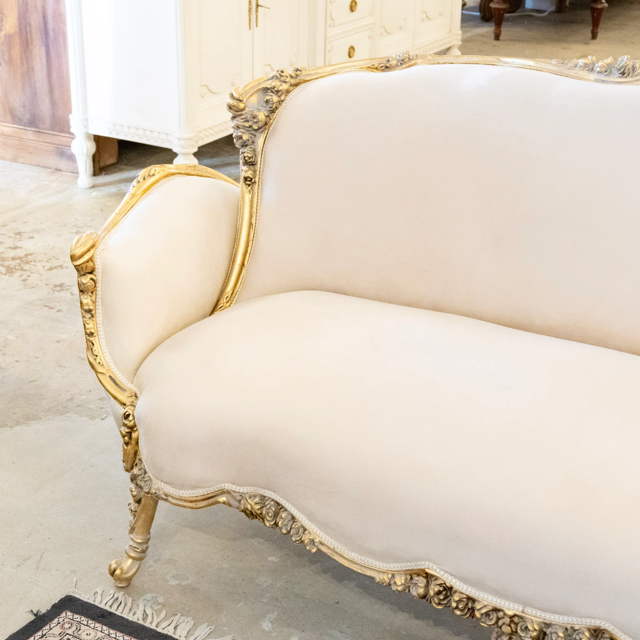 Louis XV Sofa – Gilded Carved Floral Frame & Cream Velvet Upholstery - Image 4