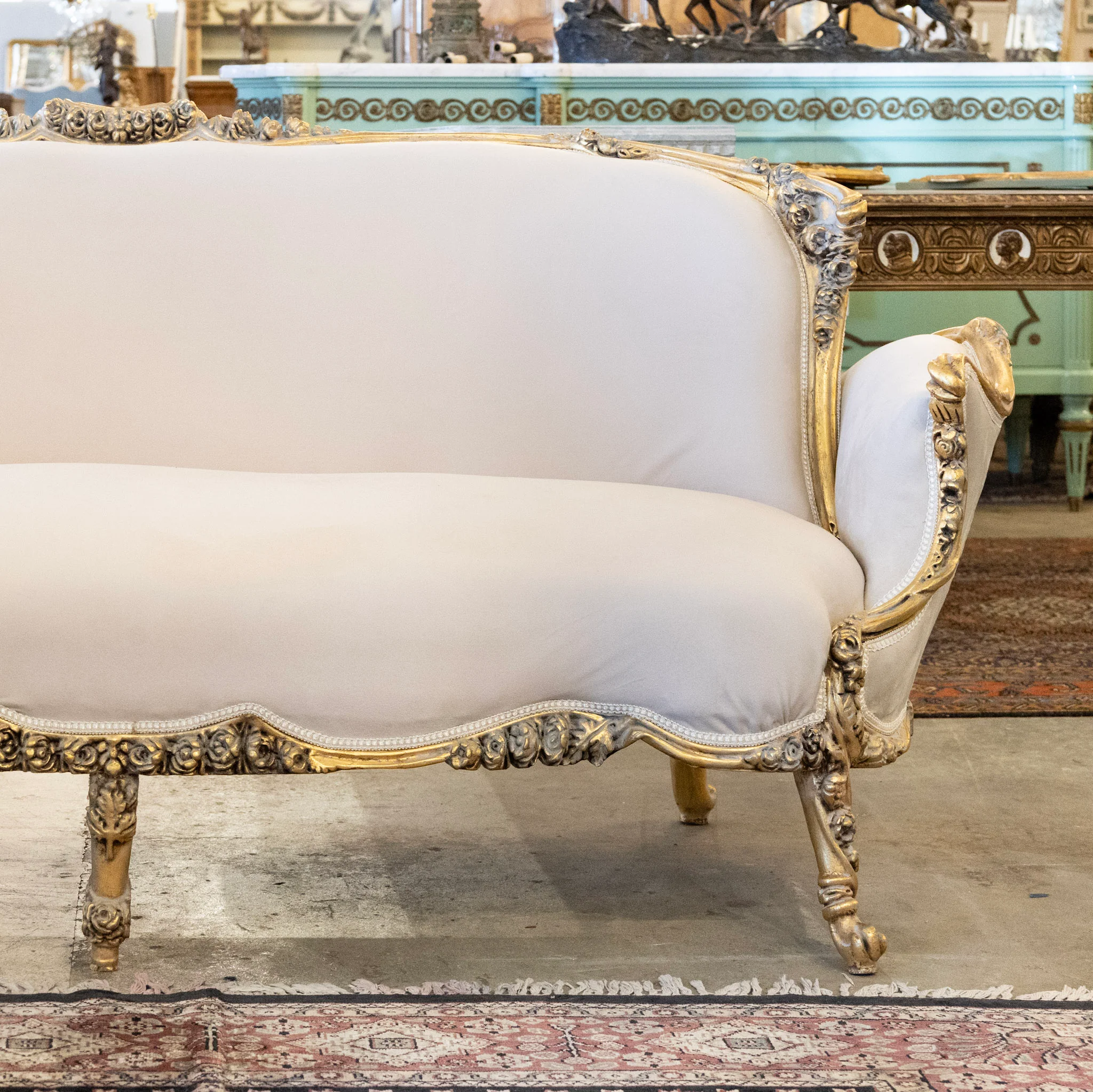 Louis XV Sofa – Gilded Carved Floral Frame & Cream Velvet Upholstery - Image 6