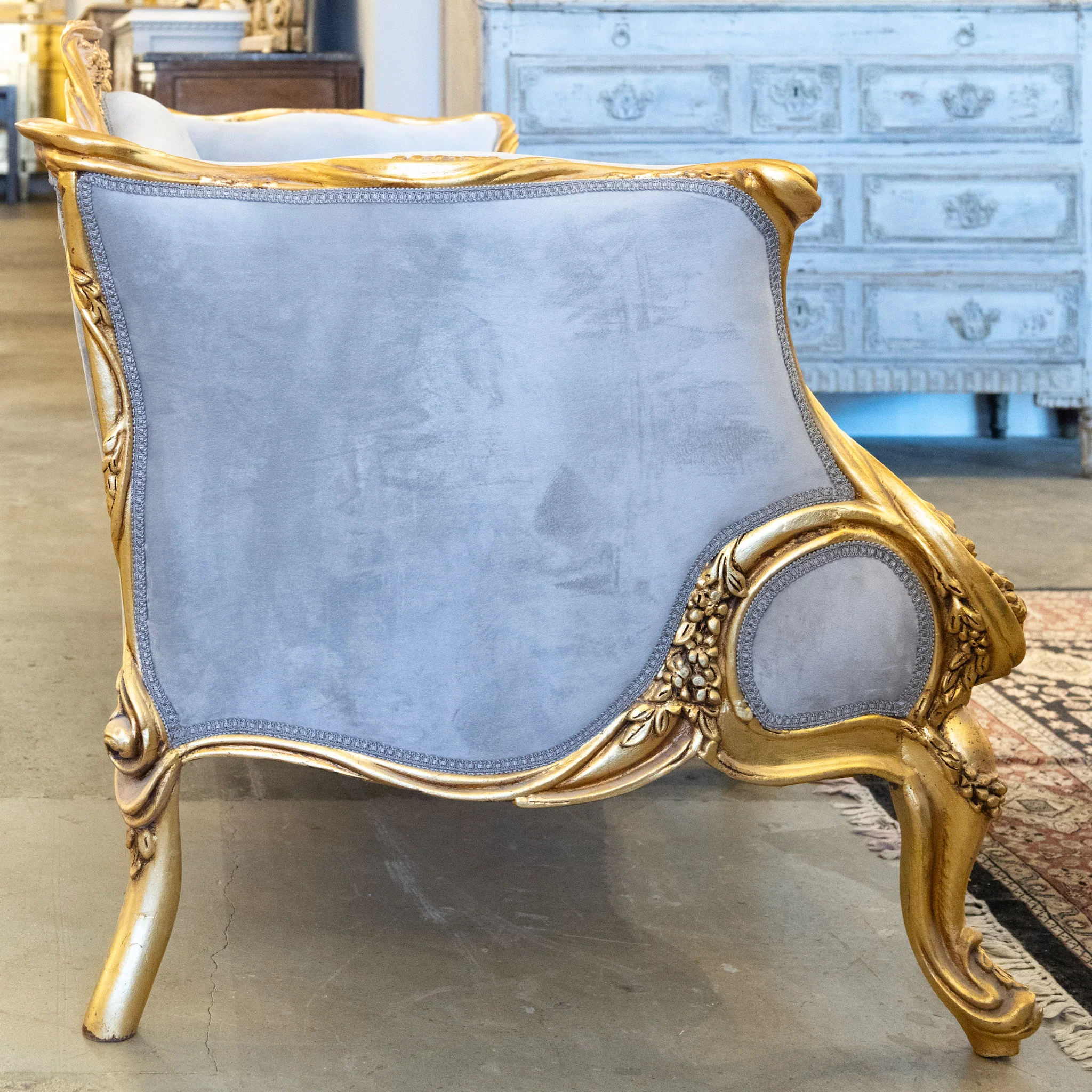 Louis XV Sofa – Gilded Frame & Floral Carvings with Muted Blue Velvet Upholstery - Image 10
