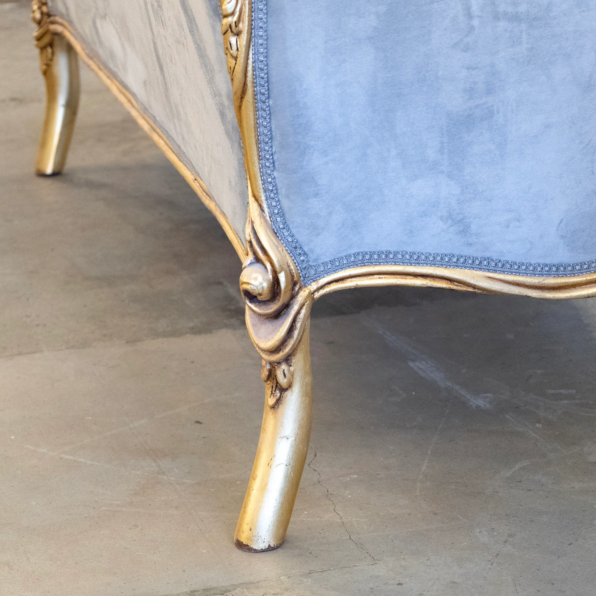 Louis XV Sofa – Gilded Frame & Floral Carvings with Muted Blue Velvet Upholstery - Image 11