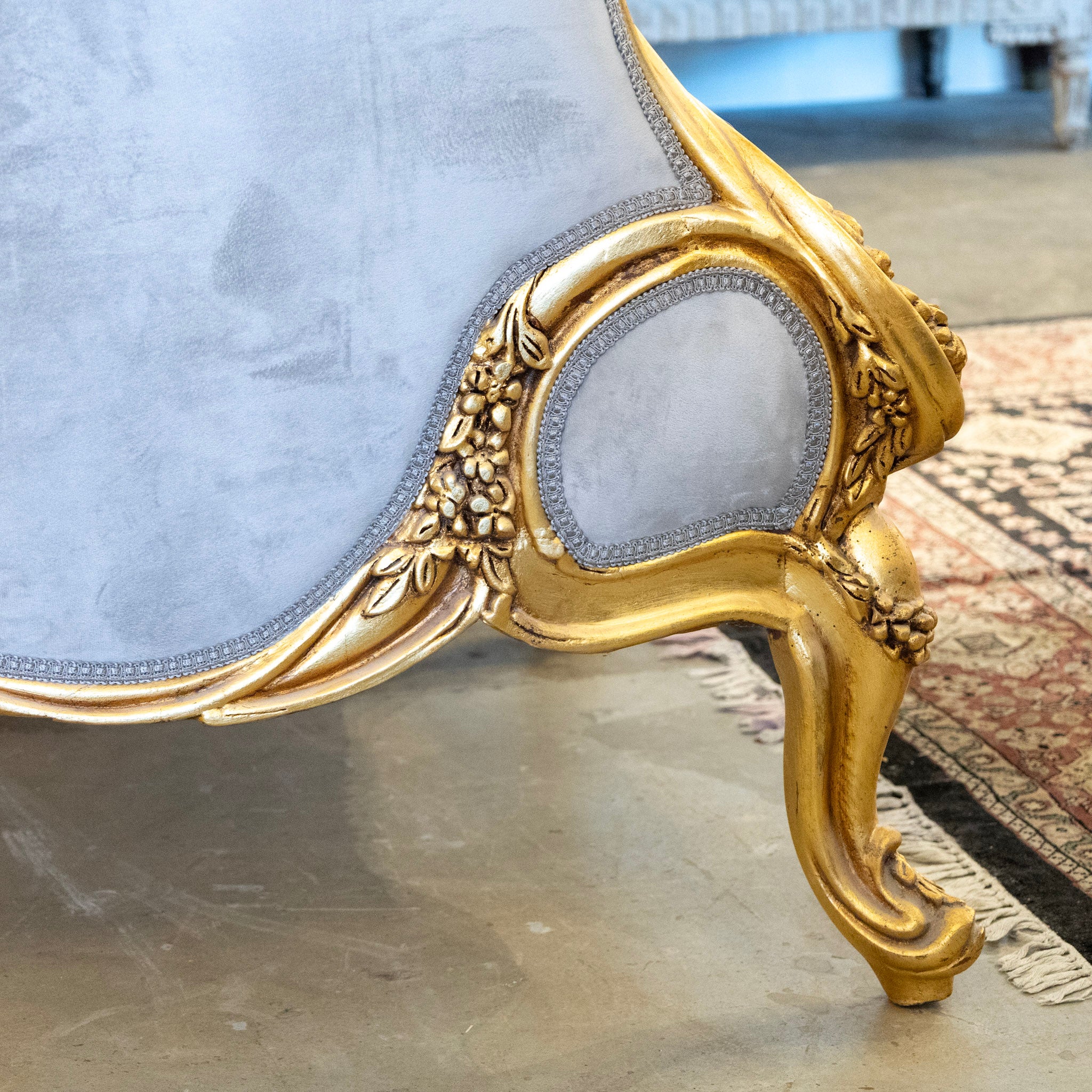 Louis XV Sofa – Gilded Frame & Floral Carvings with Muted Blue Velvet Upholstery - Image 12