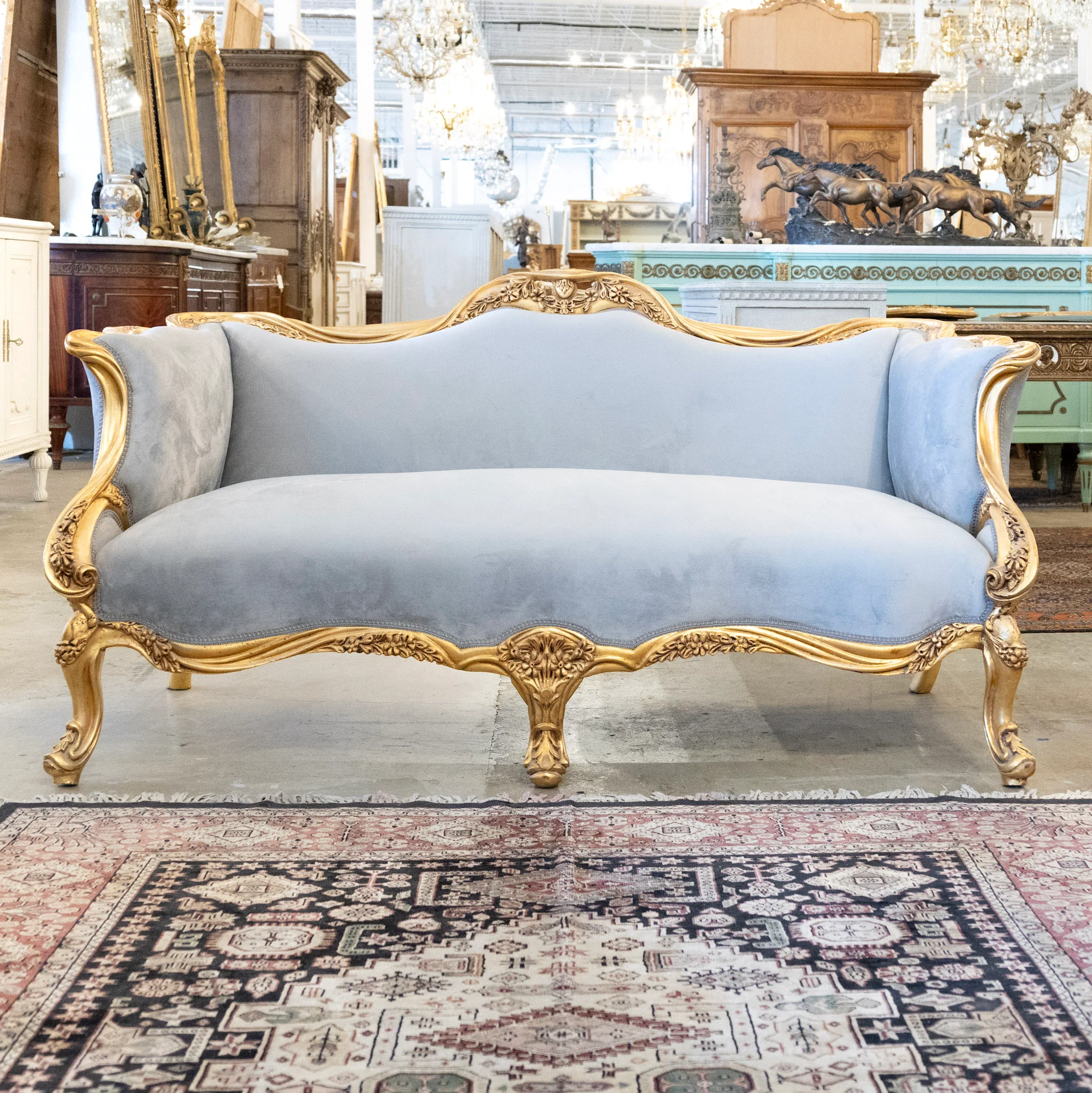 Louis XV Sofa – Gilded Frame & Floral Carvings with Muted Blue Velvet Upholstery - Image 2