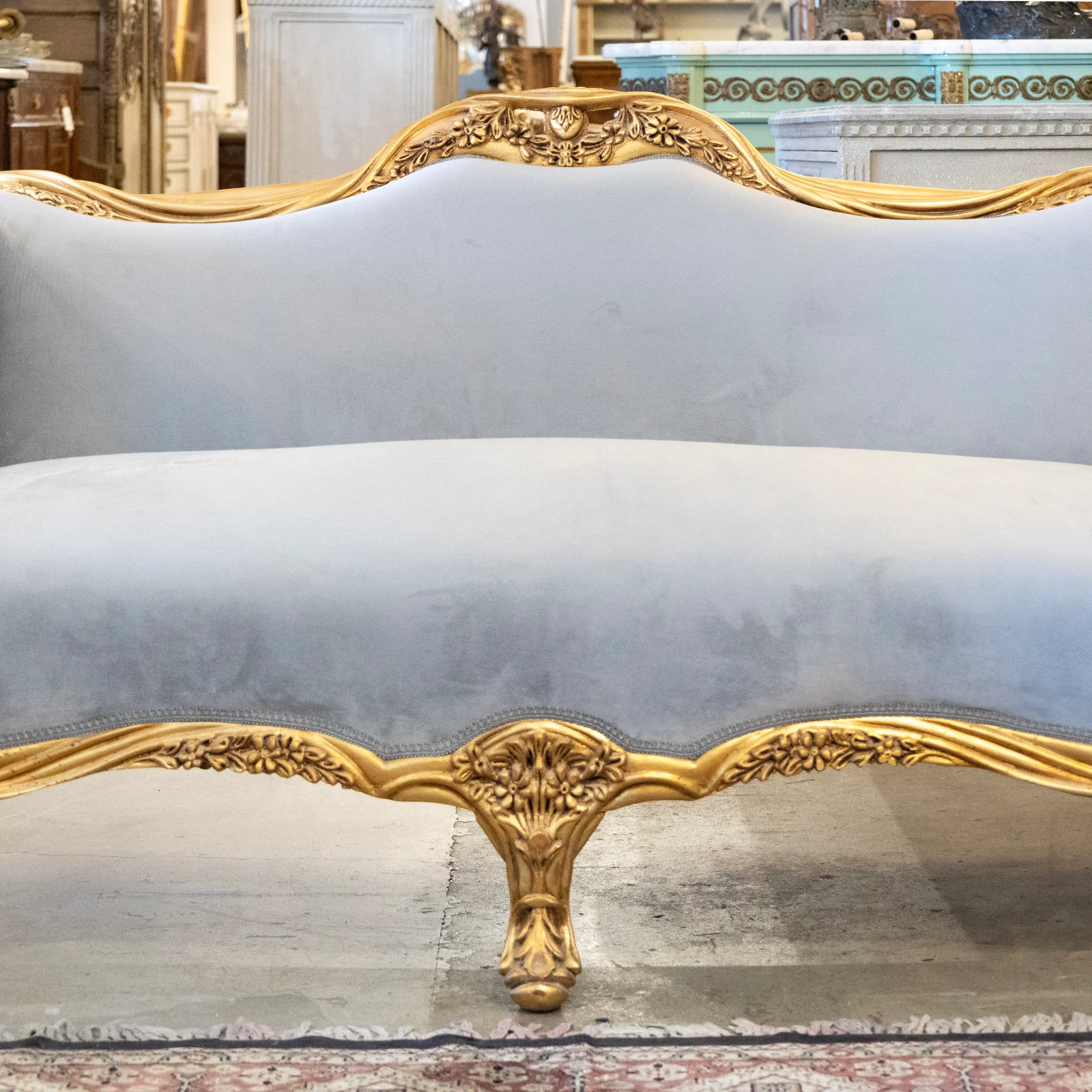 Louis XV Sofa – Gilded Frame & Floral Carvings with Muted Blue Velvet Upholstery - Image 3