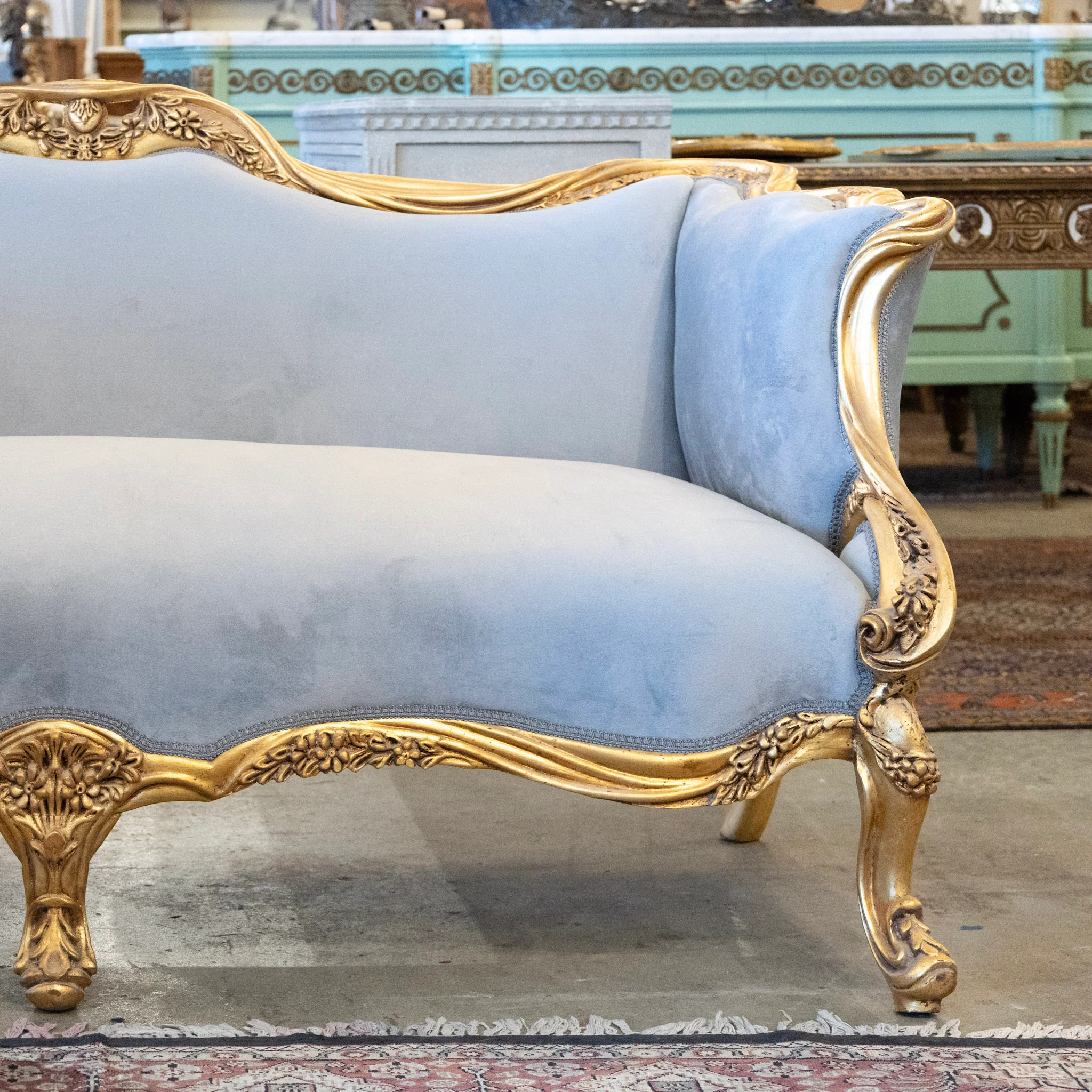 Louis XV Sofa – Gilded Frame & Floral Carvings with Muted Blue Velvet Upholstery - Image 4