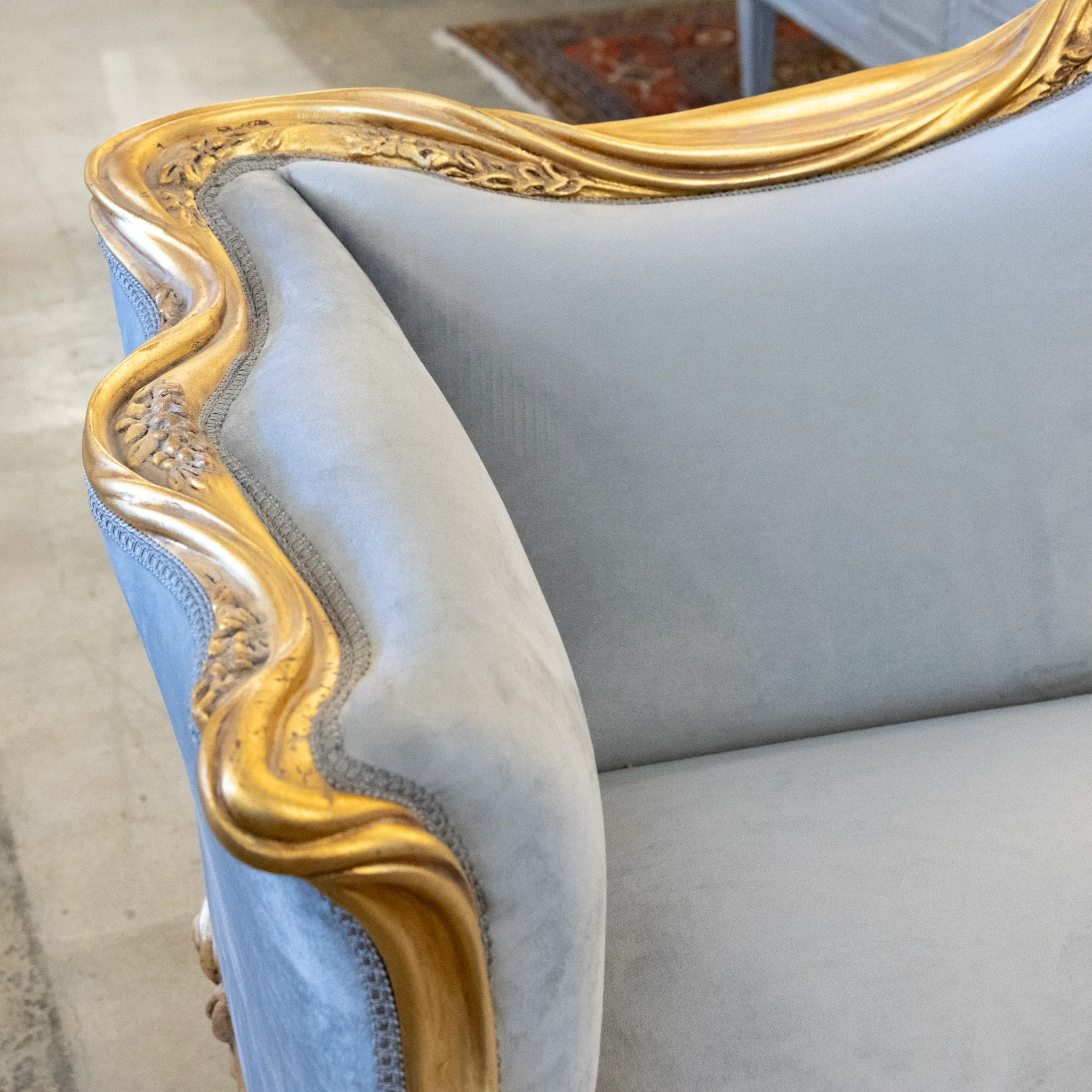 Louis XV Sofa – Gilded Frame & Floral Carvings with Muted Blue Velvet Upholstery - Image 5