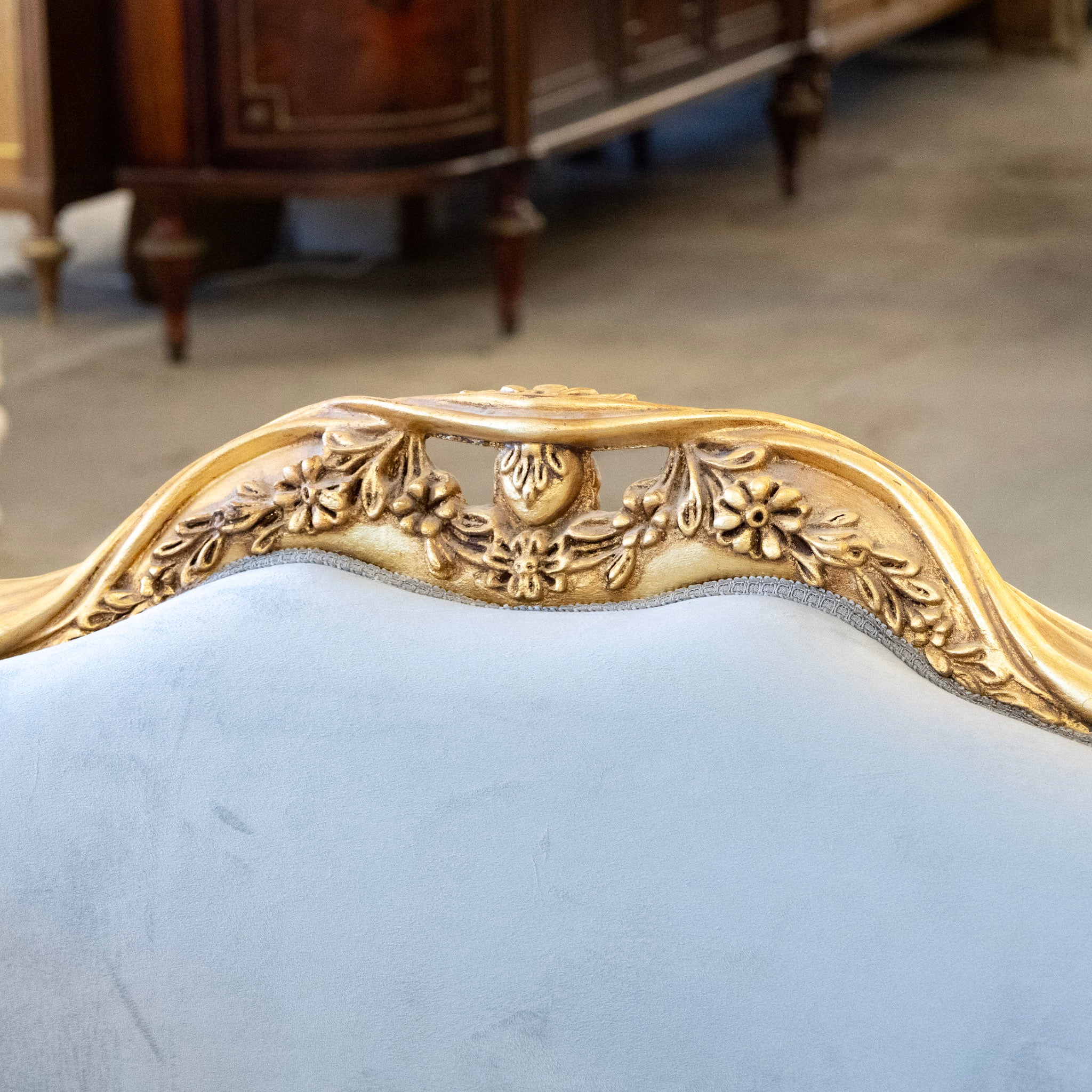 Louis XV Sofa – Gilded Frame & Floral Carvings with Muted Blue Velvet Upholstery - Image 6