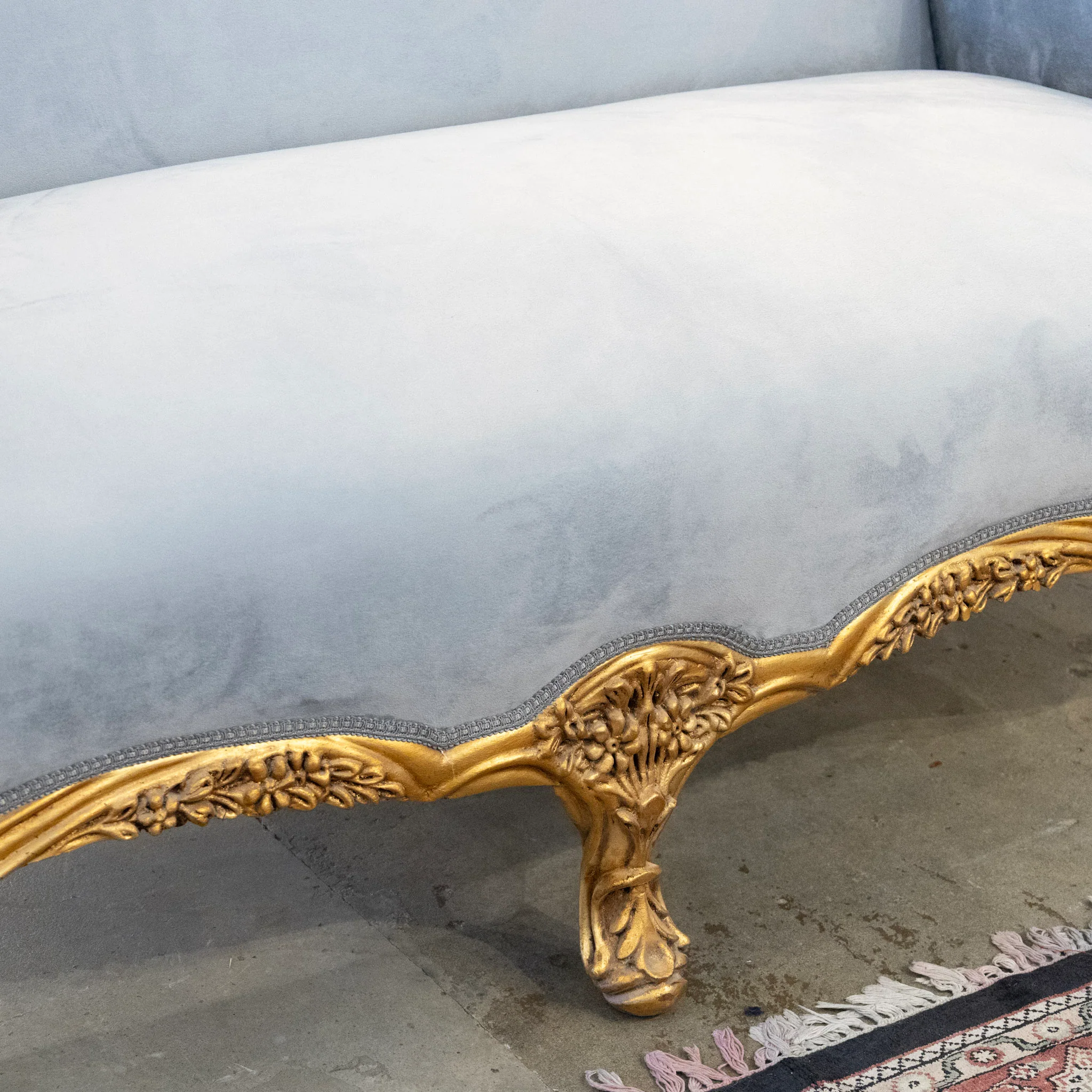 Louis XV Sofa – Gilded Frame & Floral Carvings with Muted Blue Velvet Upholstery - Image 7