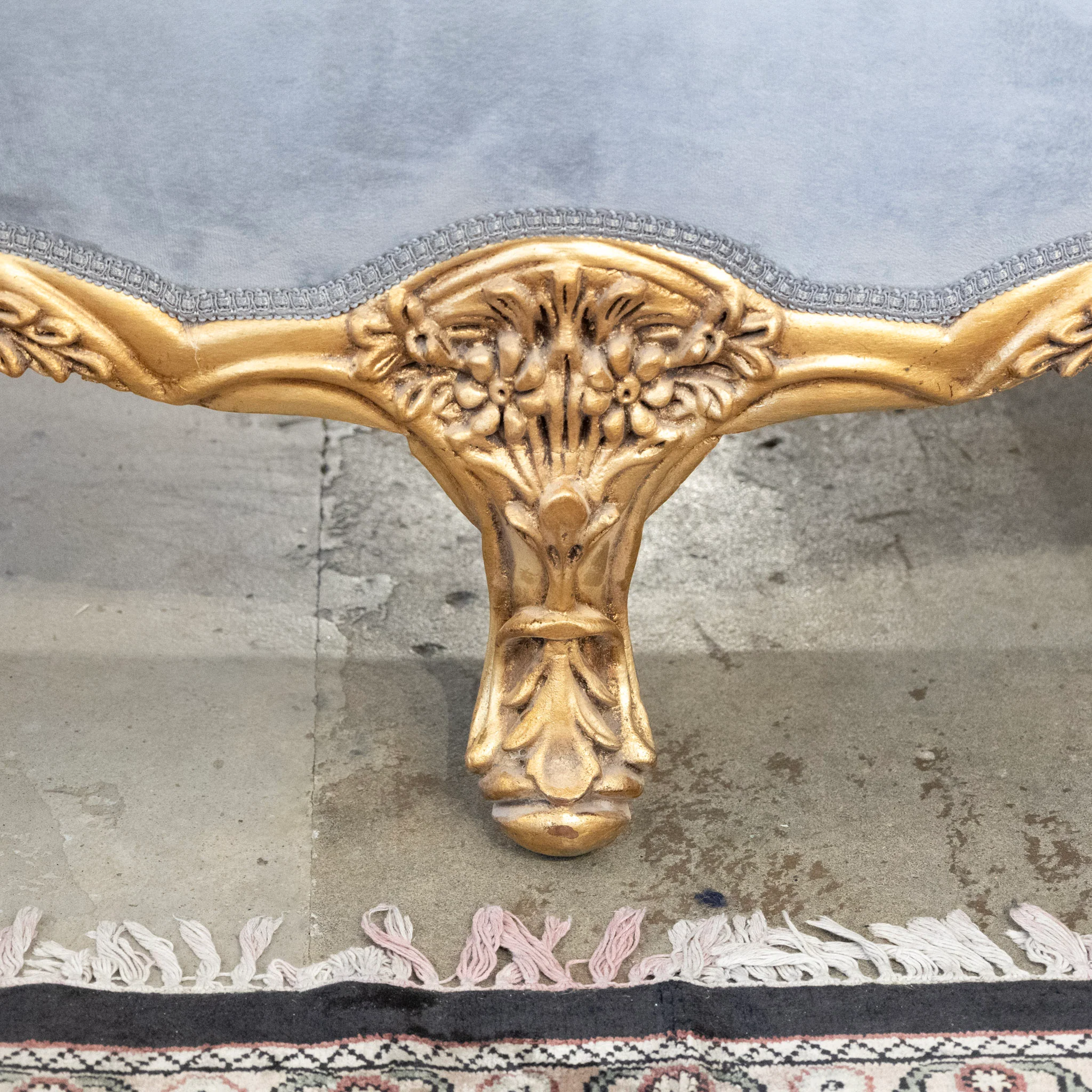 Louis XV Sofa – Gilded Frame & Floral Carvings with Muted Blue Velvet Upholstery - Image 8