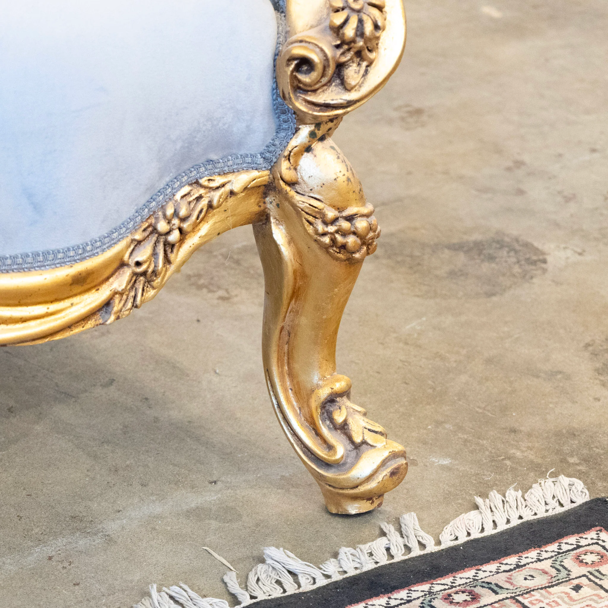 Louis XV Sofa – Gilded Frame & Floral Carvings with Muted Blue Velvet Upholstery - Image 9