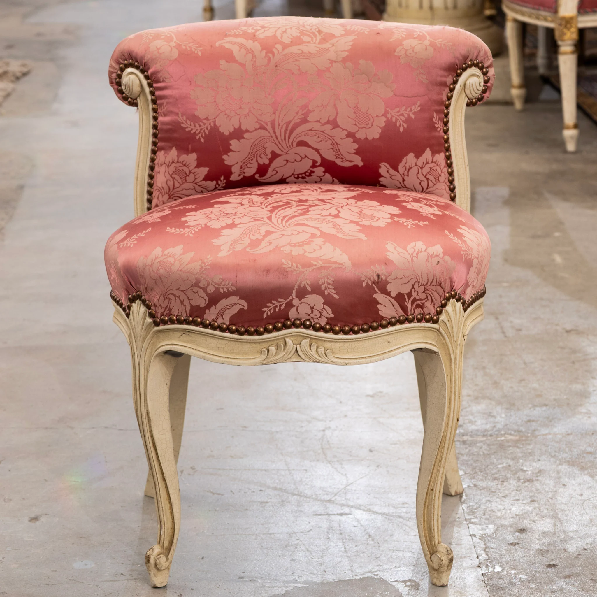 Louis XV Vanity Bench – Original Pink Damask Upholstery