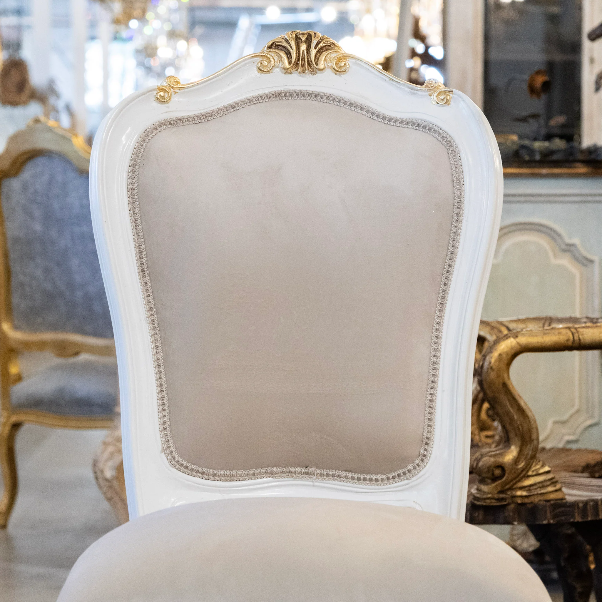 Louis XV Style White & Gold Round Dining Chair – Grey Velvet Upholstery - Image 5