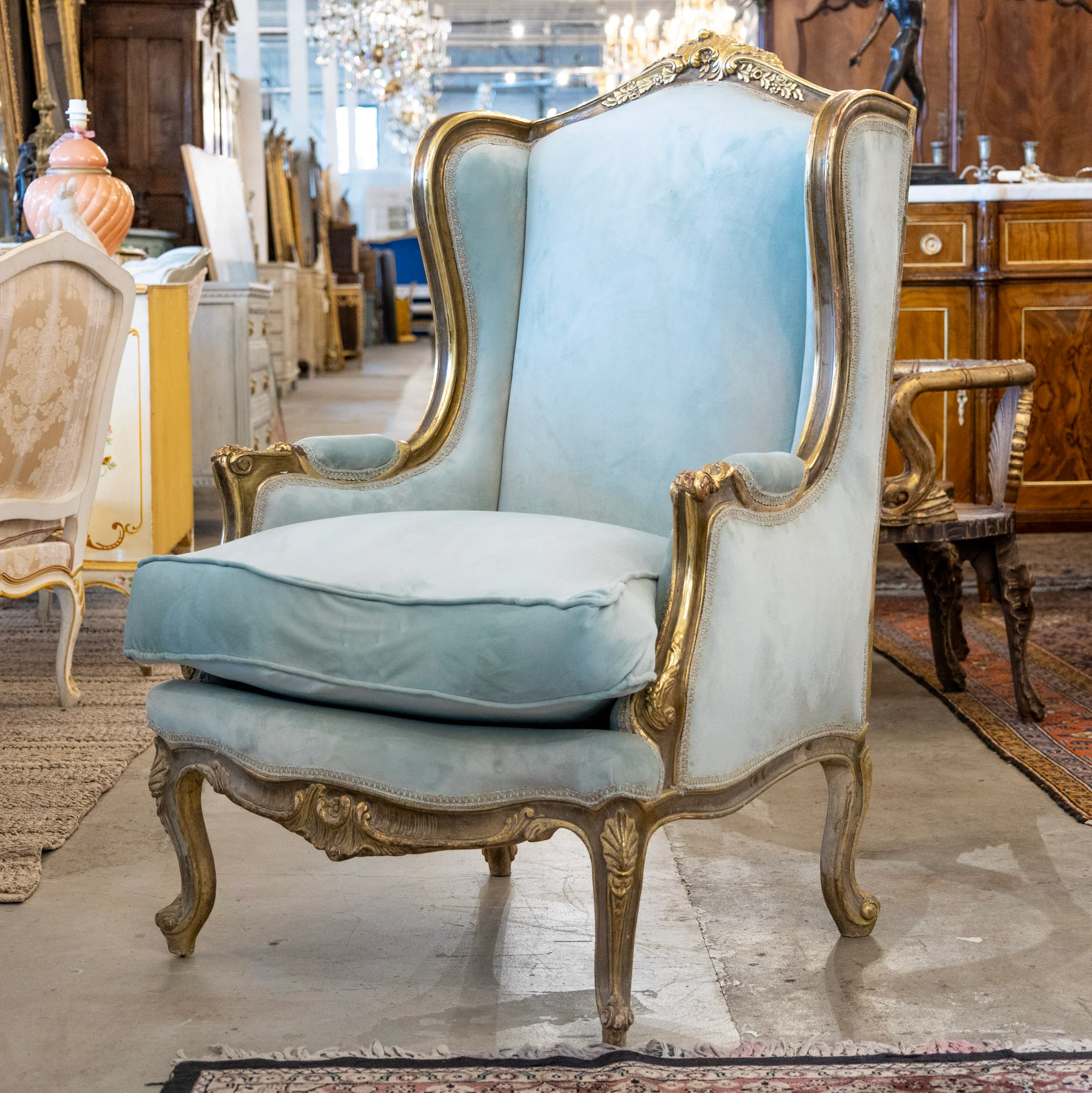 Louis XV Wingback Bergère Chair in Blue – Gilded Frame & Plush Cushion - Image 3