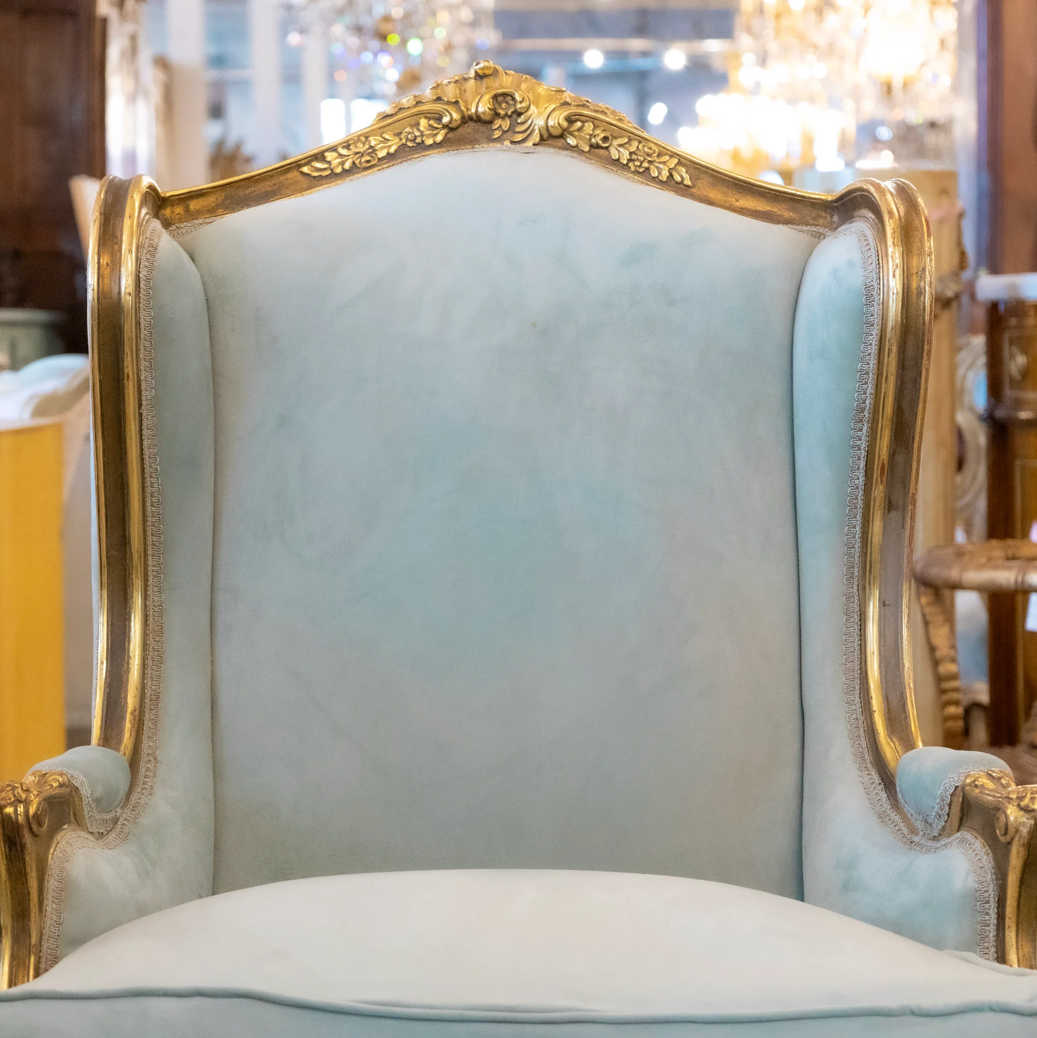 Louis XV Wingback Bergère Chair in Blue – Gilded Frame & Plush Cushion - Image 4