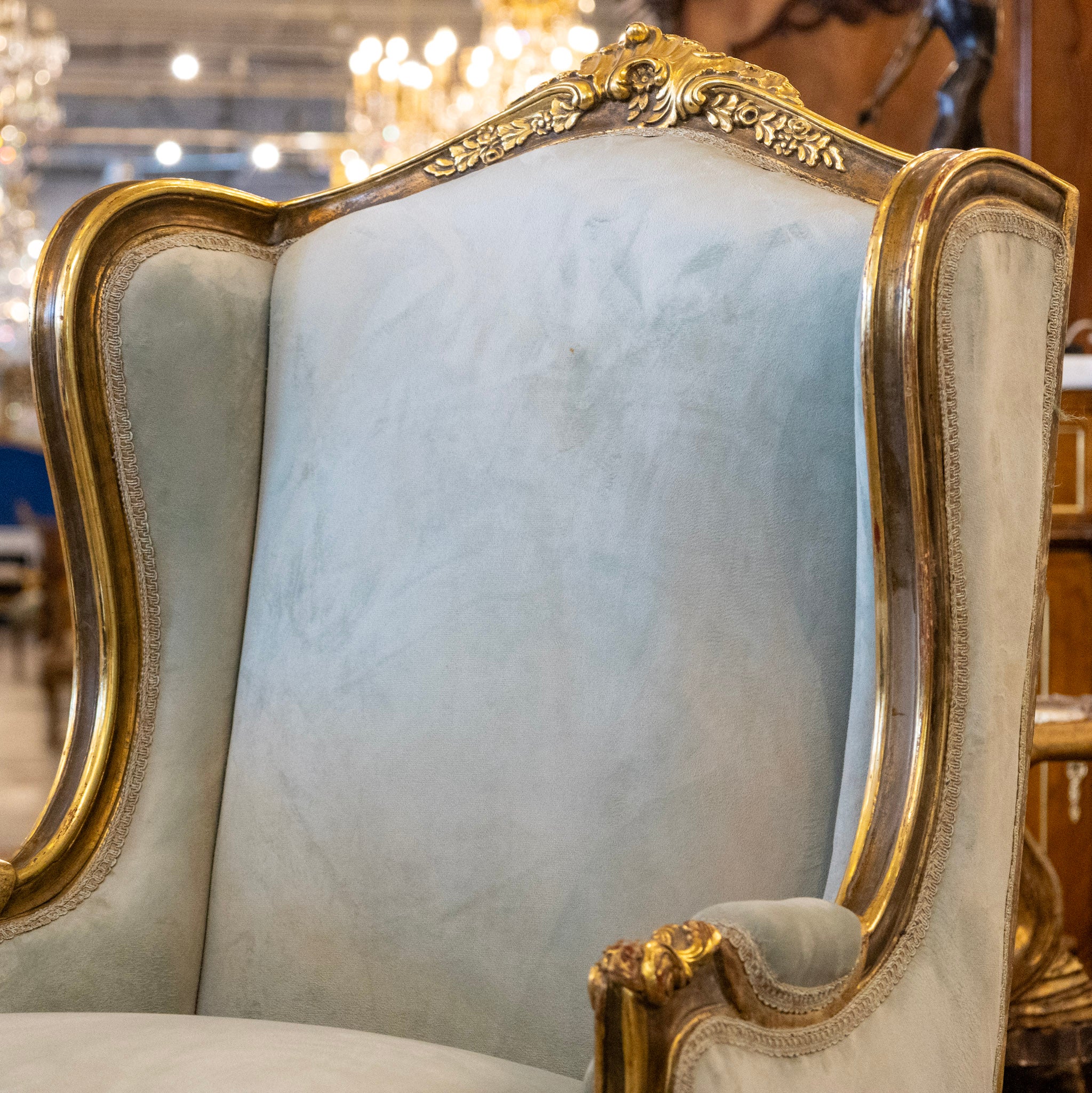 Louis XV Wingback Bergère Chair in Blue – Gilded Frame & Plush Cushion - Image 5