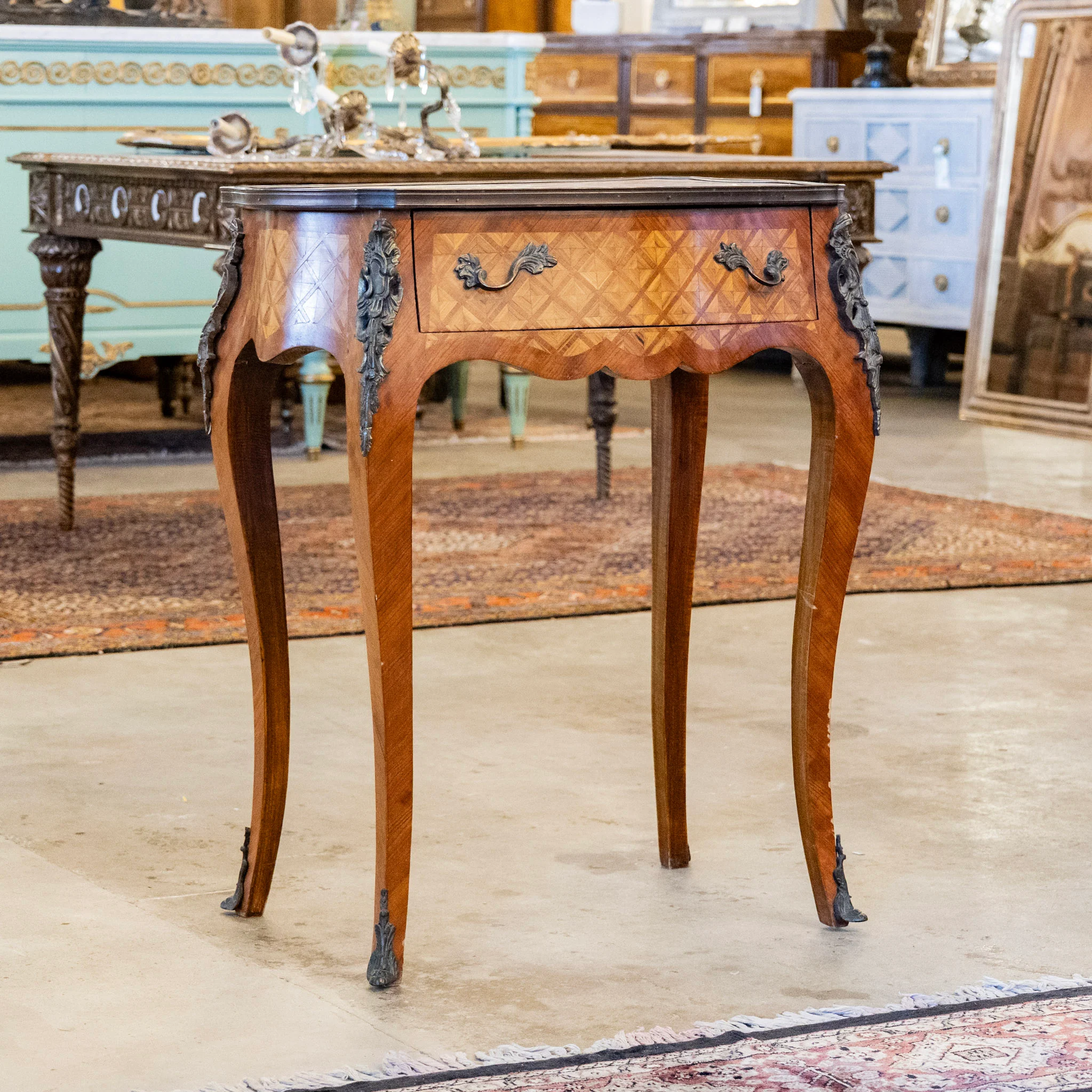 Louis XV Wood Side Table – Empire Brass Mounts & Marquetry