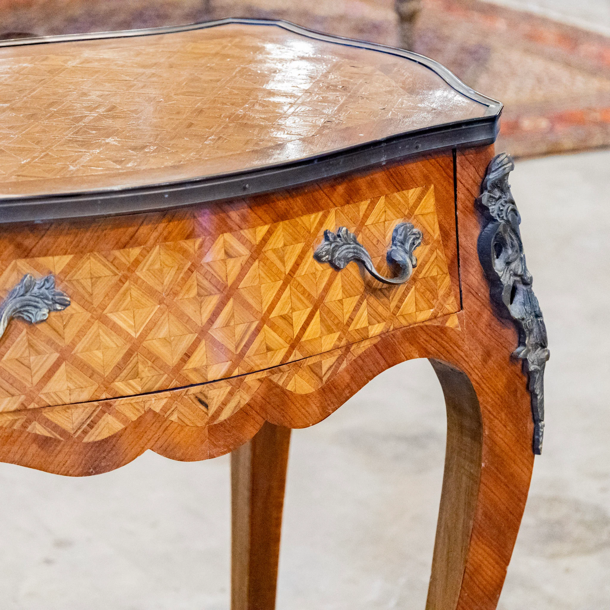 Louis XV Wood Side Table – Empire Brass Mounts & Marquetry - Image 10