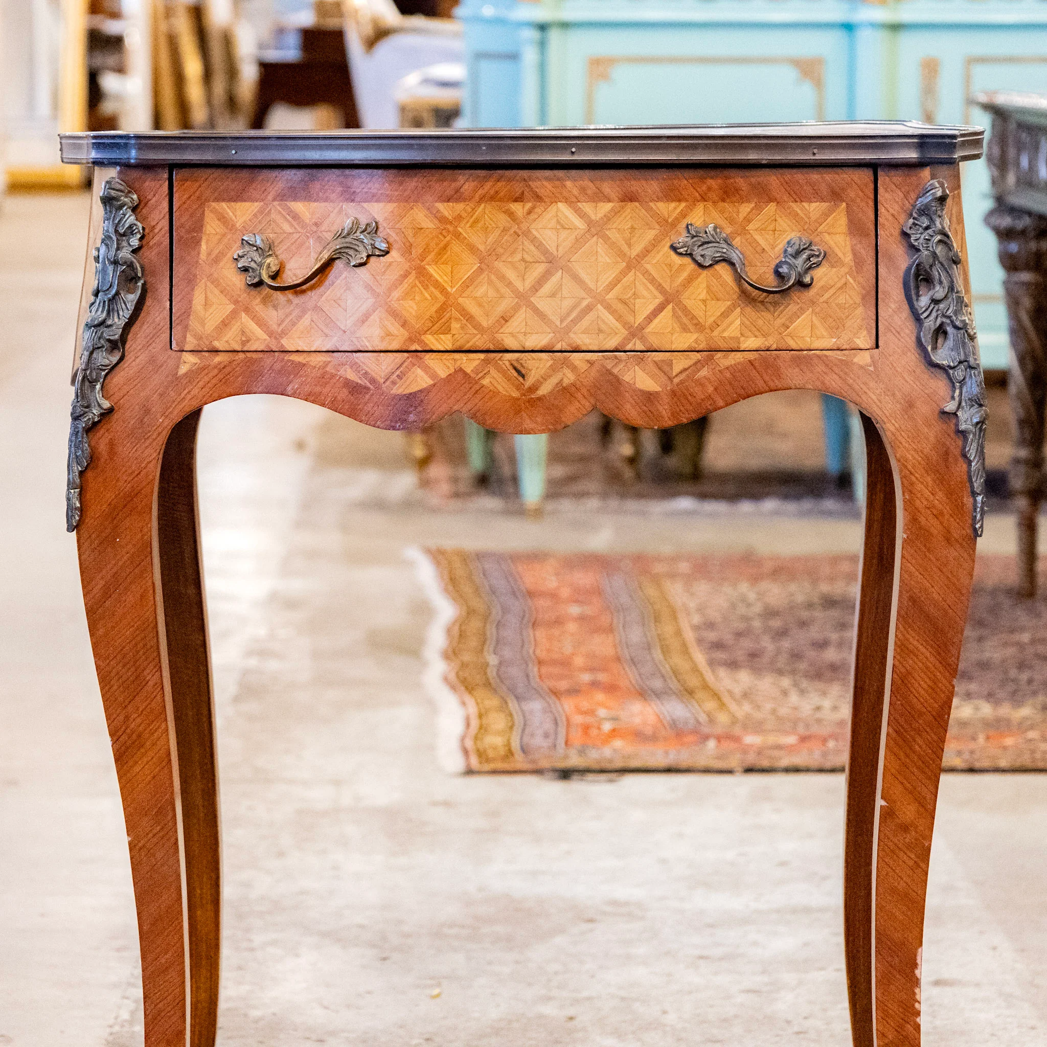Louis XV Wood Side Table – Empire Brass Mounts & Marquetry - Image 3