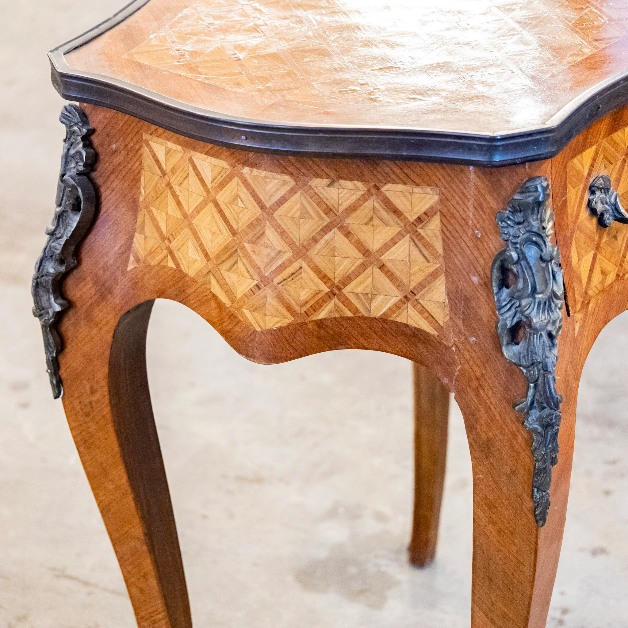 Louis XV Wood Side Table – Empire Brass Mounts & Marquetry - Image 6
