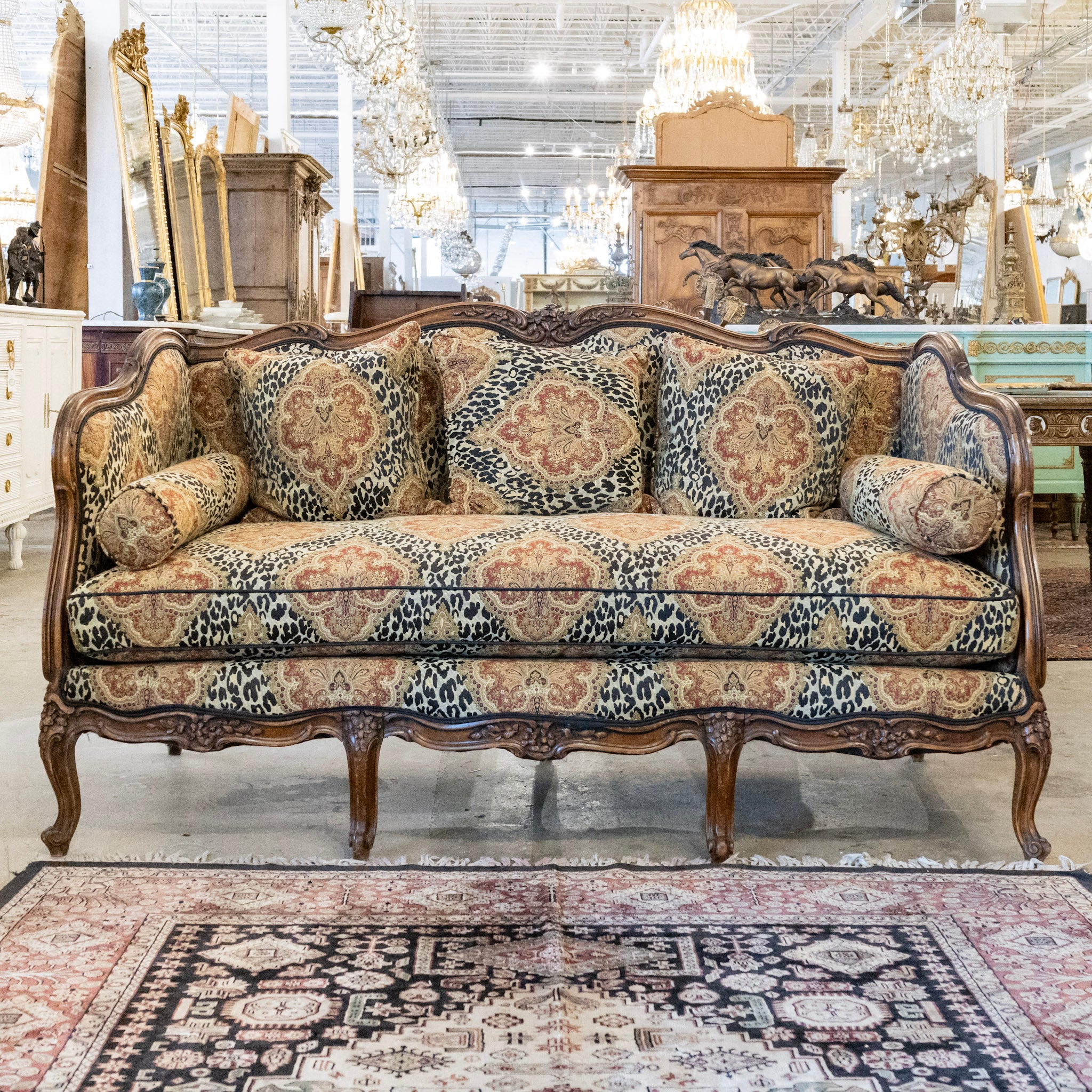 Louis XV Wood Sofa – Carved Trim & Leopard Damask Upholstery