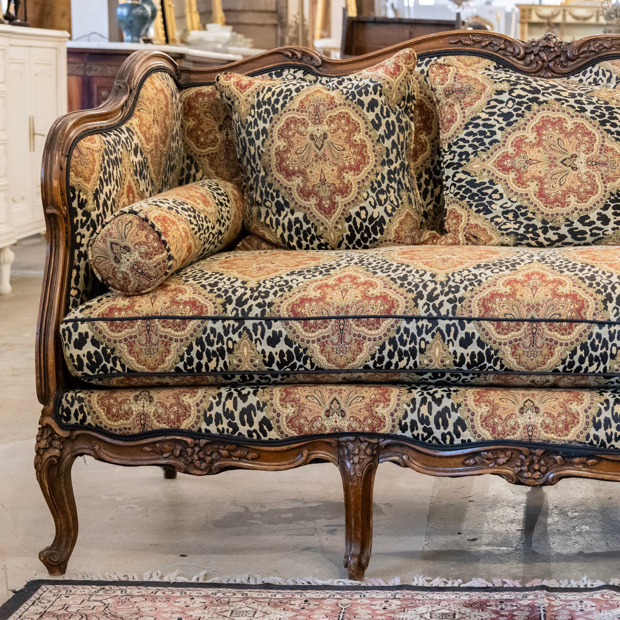 Louis XV Wood Sofa – Carved Trim & Leopard Damask Upholstery - Image 11