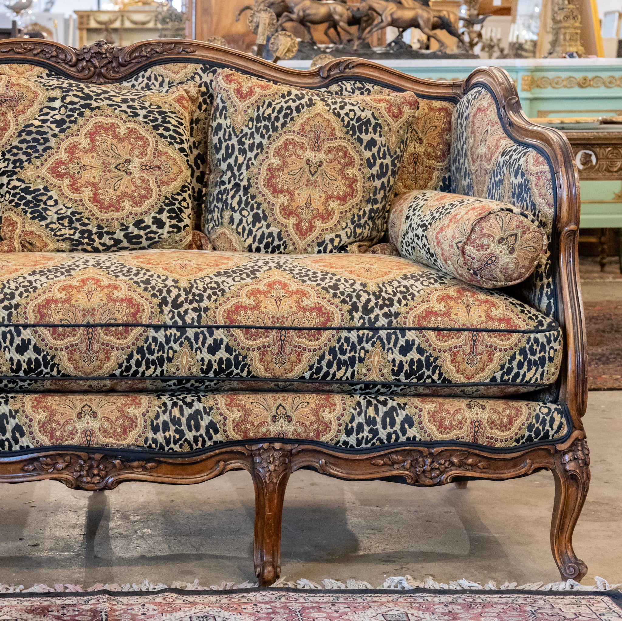Louis XV Wood Sofa – Carved Trim & Leopard Damask Upholstery - Image 13