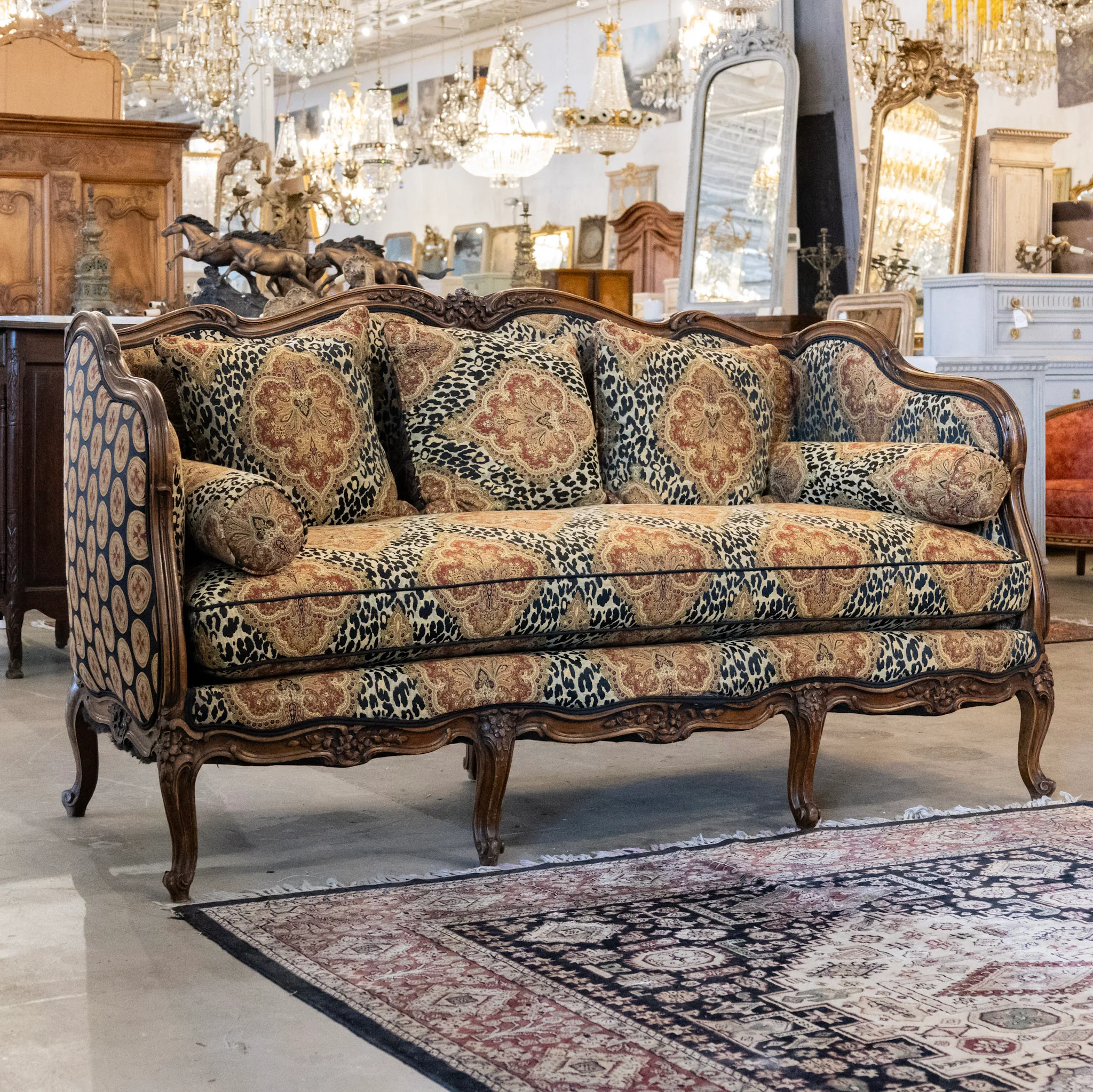 Louis XV Wood Sofa – Carved Trim & Leopard Damask Upholstery - Image 2