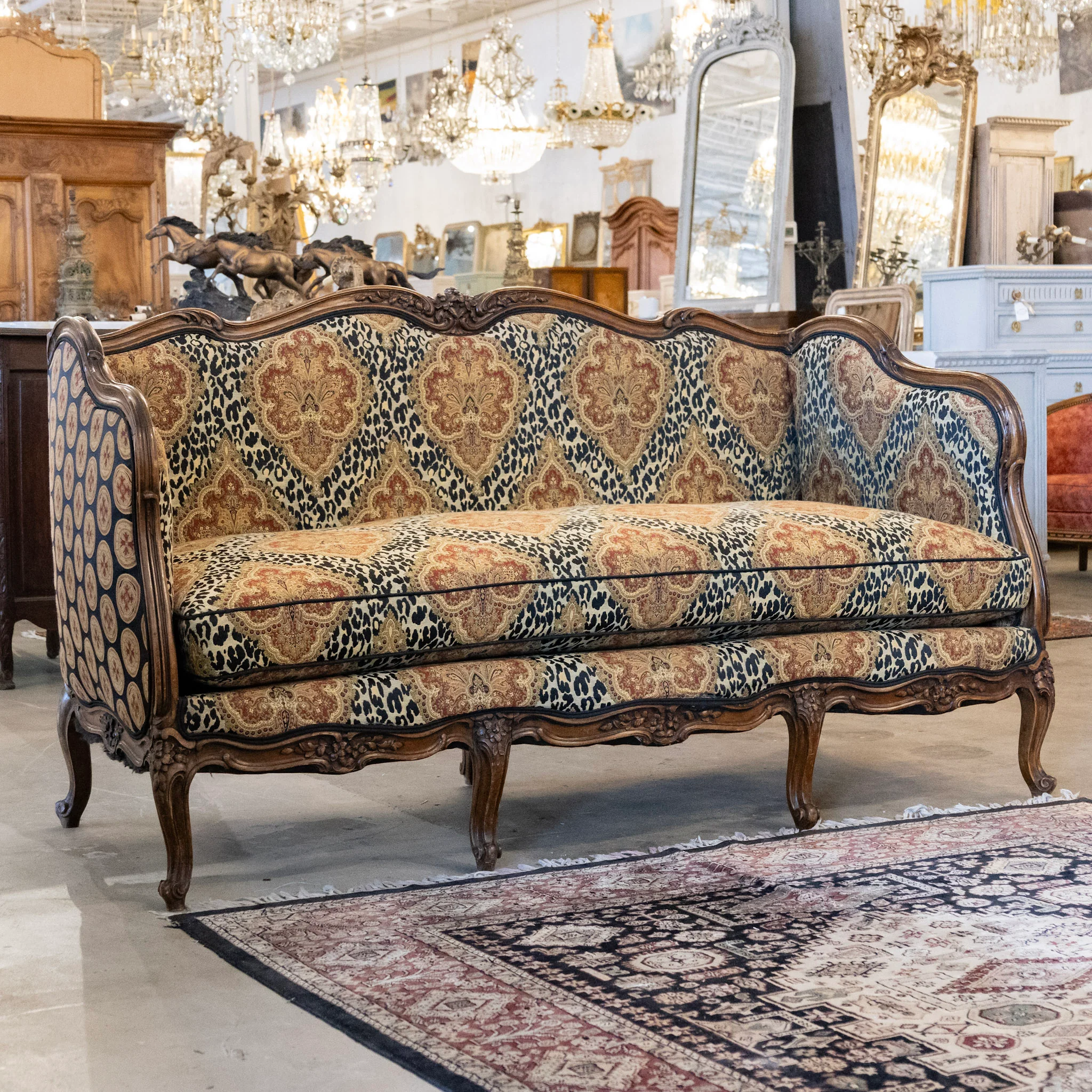 Louis XV Wood Sofa – Carved Trim & Leopard Damask Upholstery - Image 3