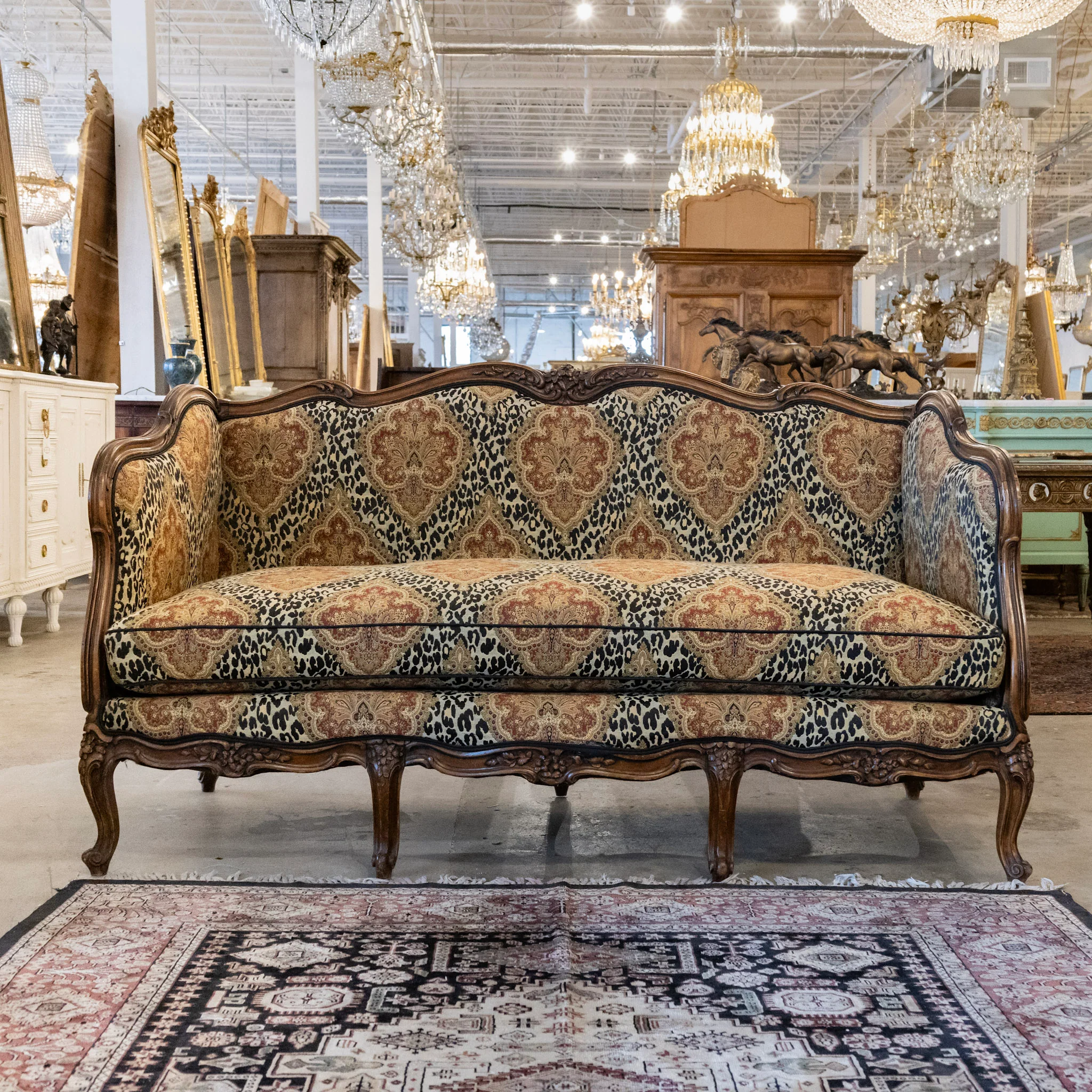 Louis XV Wood Sofa – Carved Trim & Leopard Damask Upholstery - Image 4