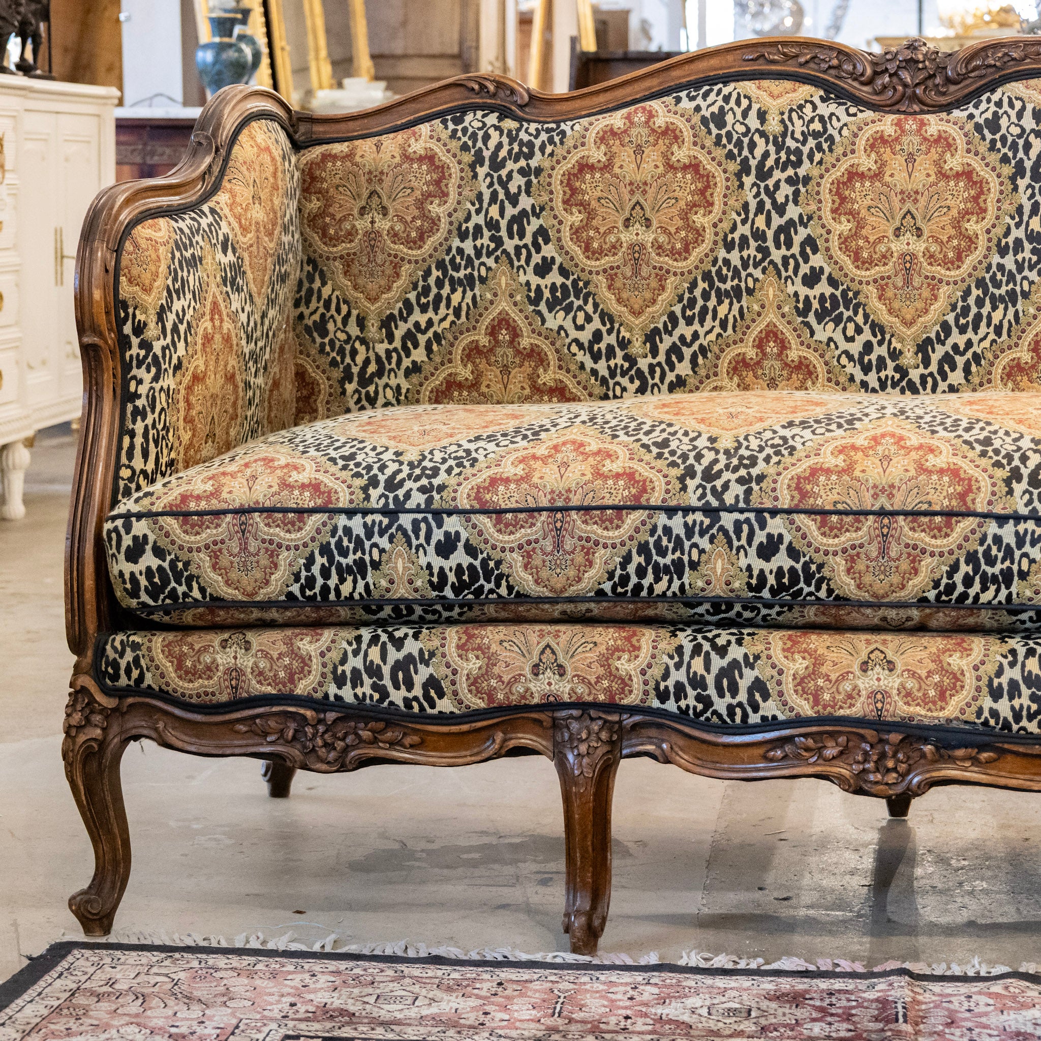 Louis XV Wood Sofa – Carved Trim & Leopard Damask Upholstery - Image 5