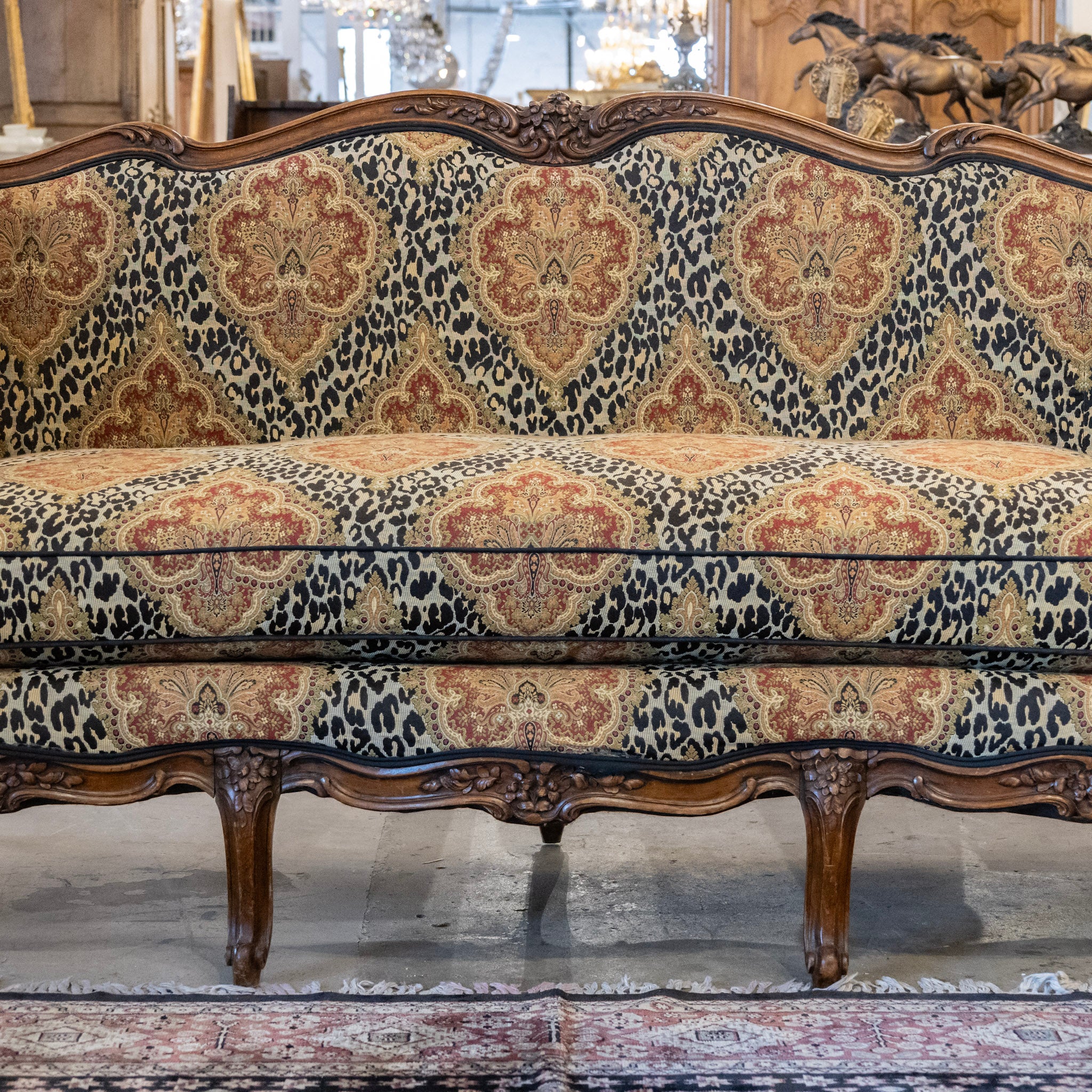 Louis XV Wood Sofa – Carved Trim & Leopard Damask Upholstery - Image 6