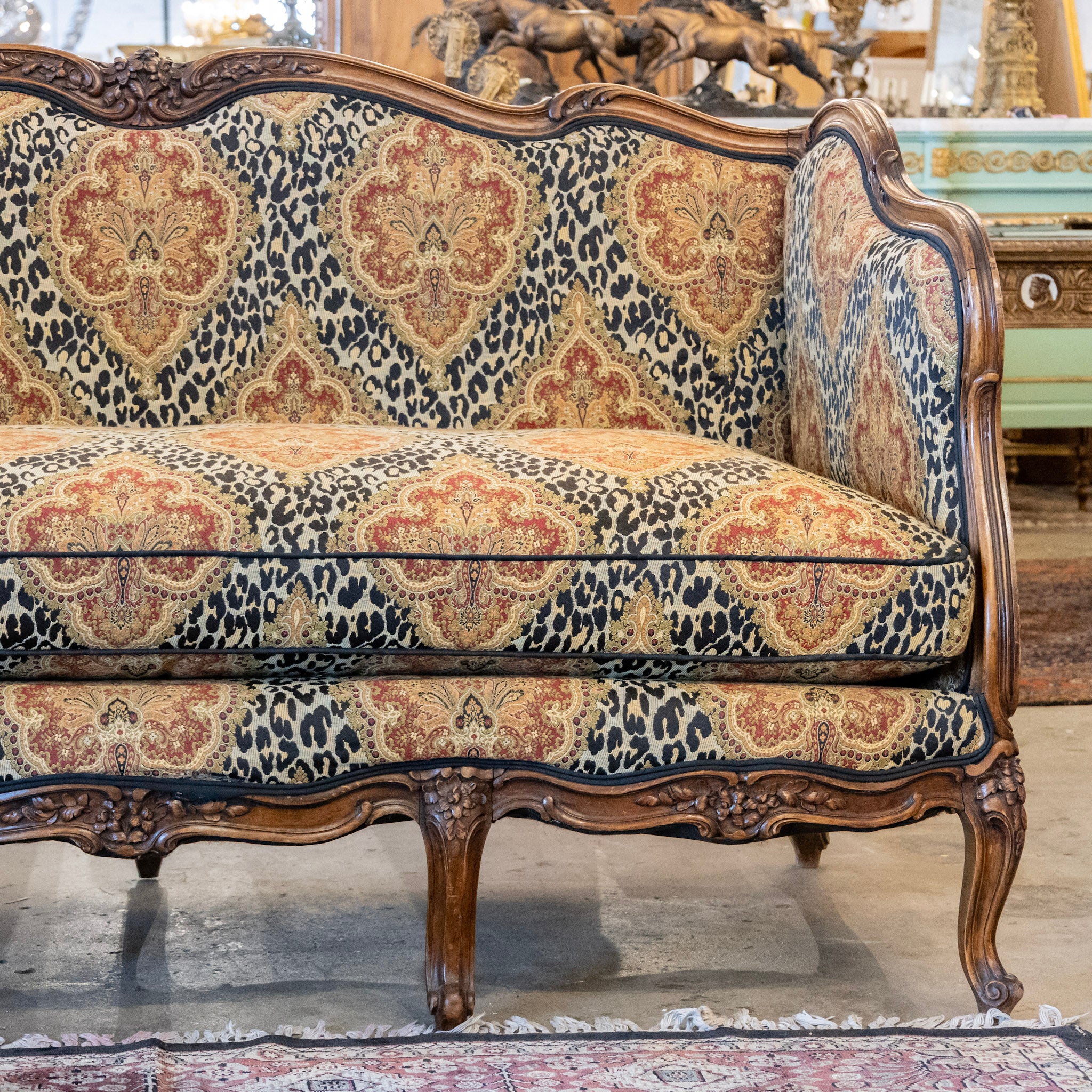Louis XV Wood Sofa – Carved Trim & Leopard Damask Upholstery - Image 7