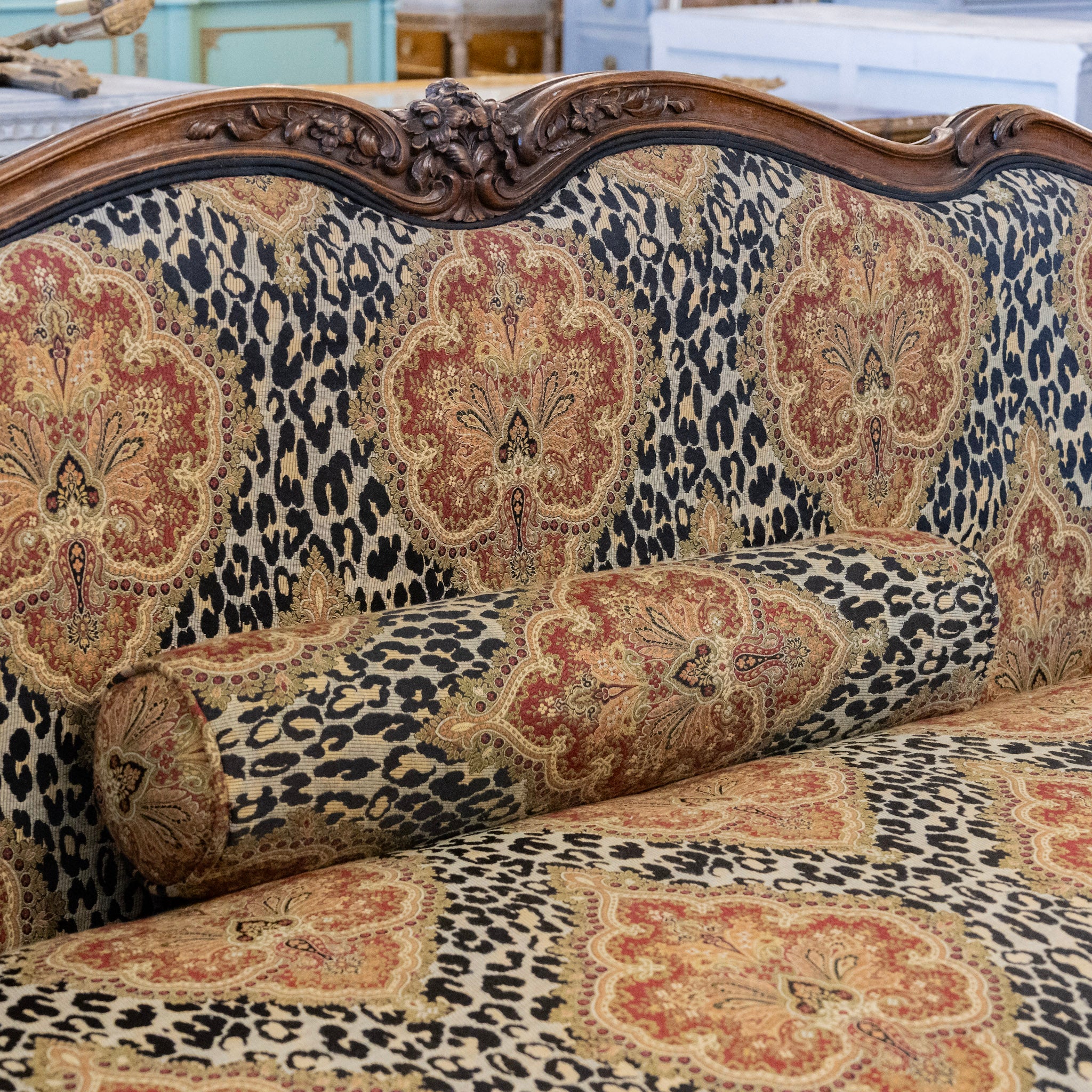 Louis XV Wood Sofa – Carved Trim & Leopard Damask Upholstery - Image 9